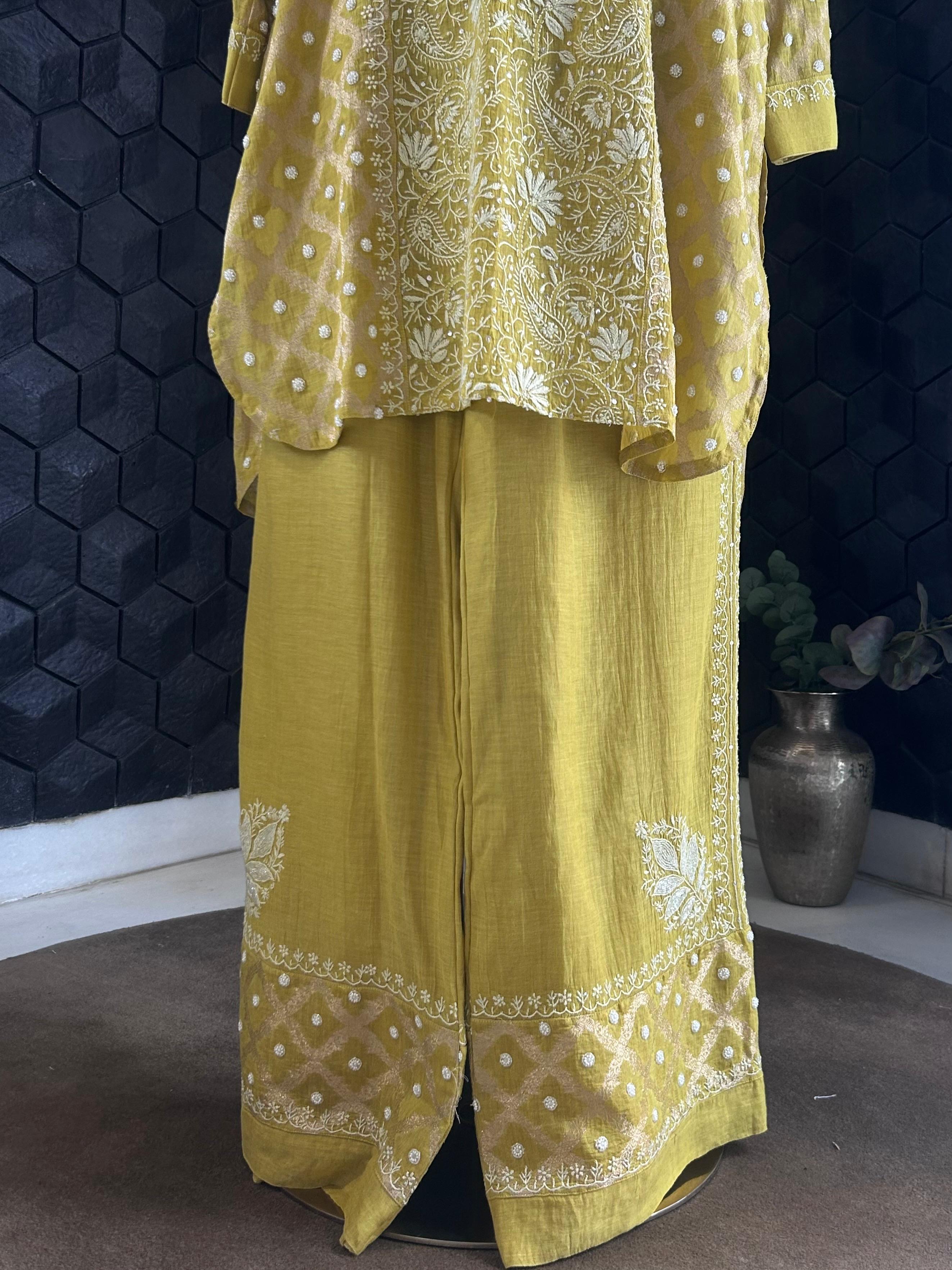Lime Green Golden Tissue Chikankari Co-ord Set