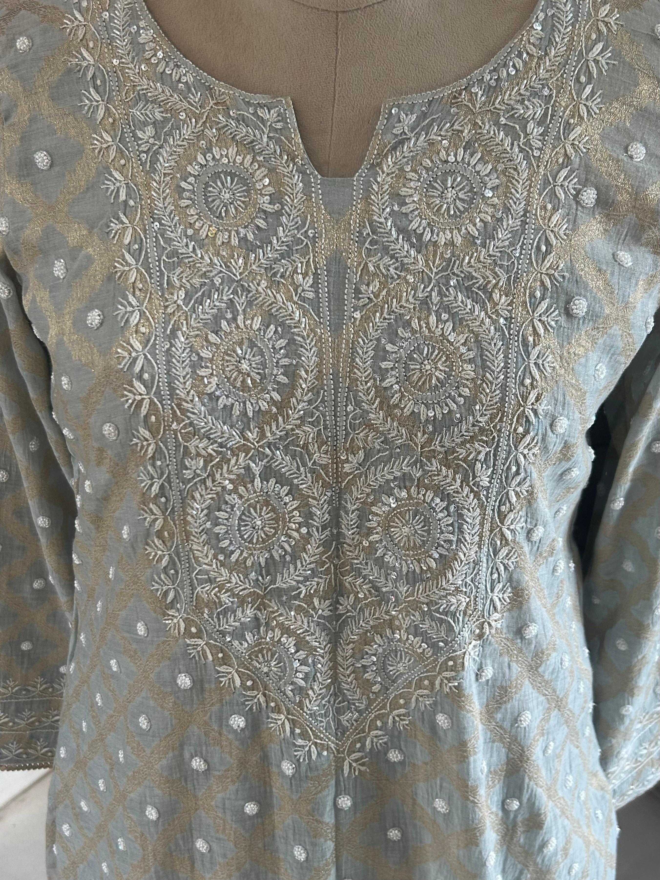 Grey Silver Tissue Chikankari Co-ord Set