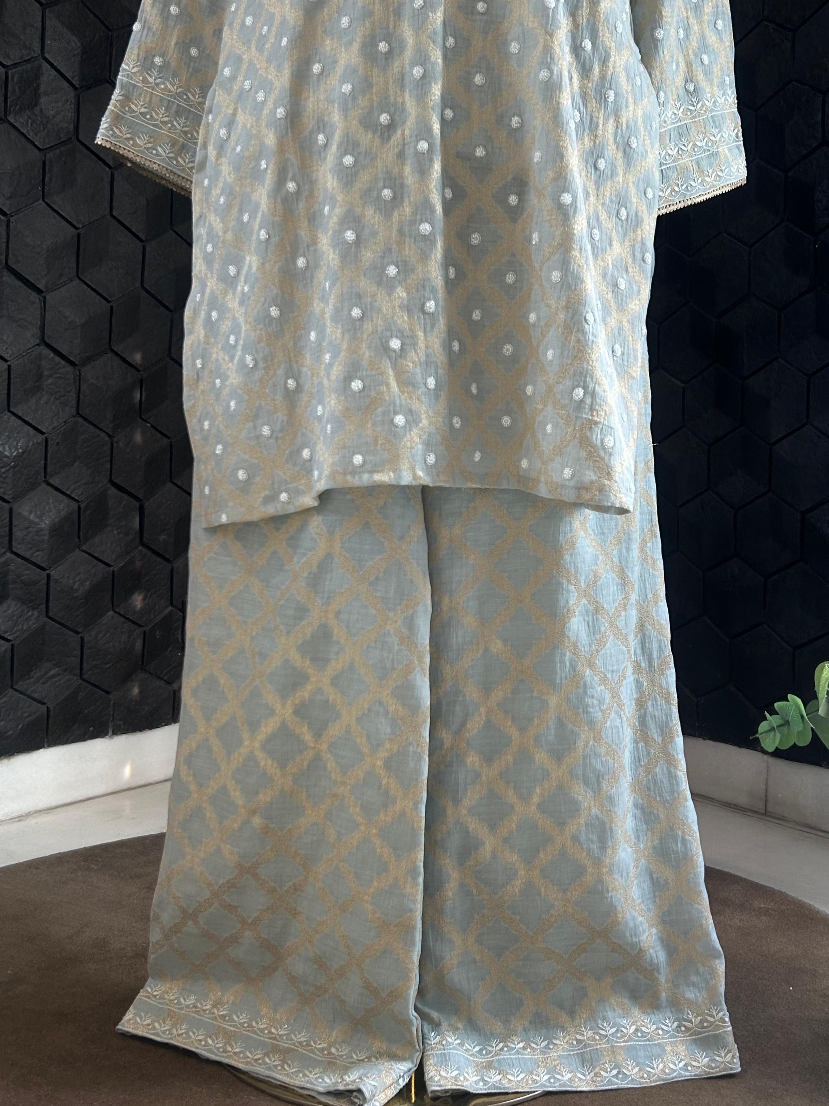 Grey Silver Tissue Chikankari Co-ord Set