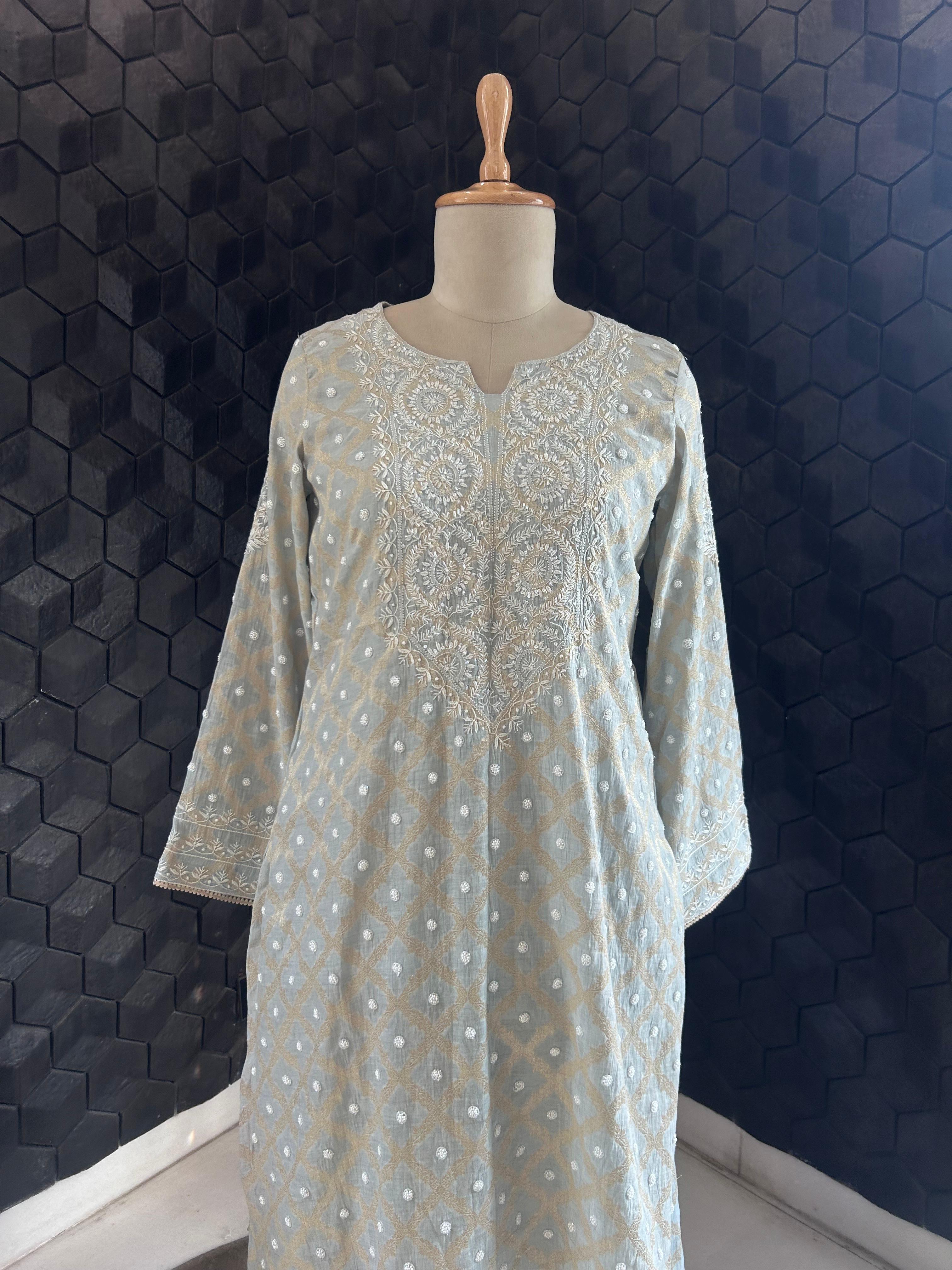 Grey Silver Tissue Chikankari Co-ord Set