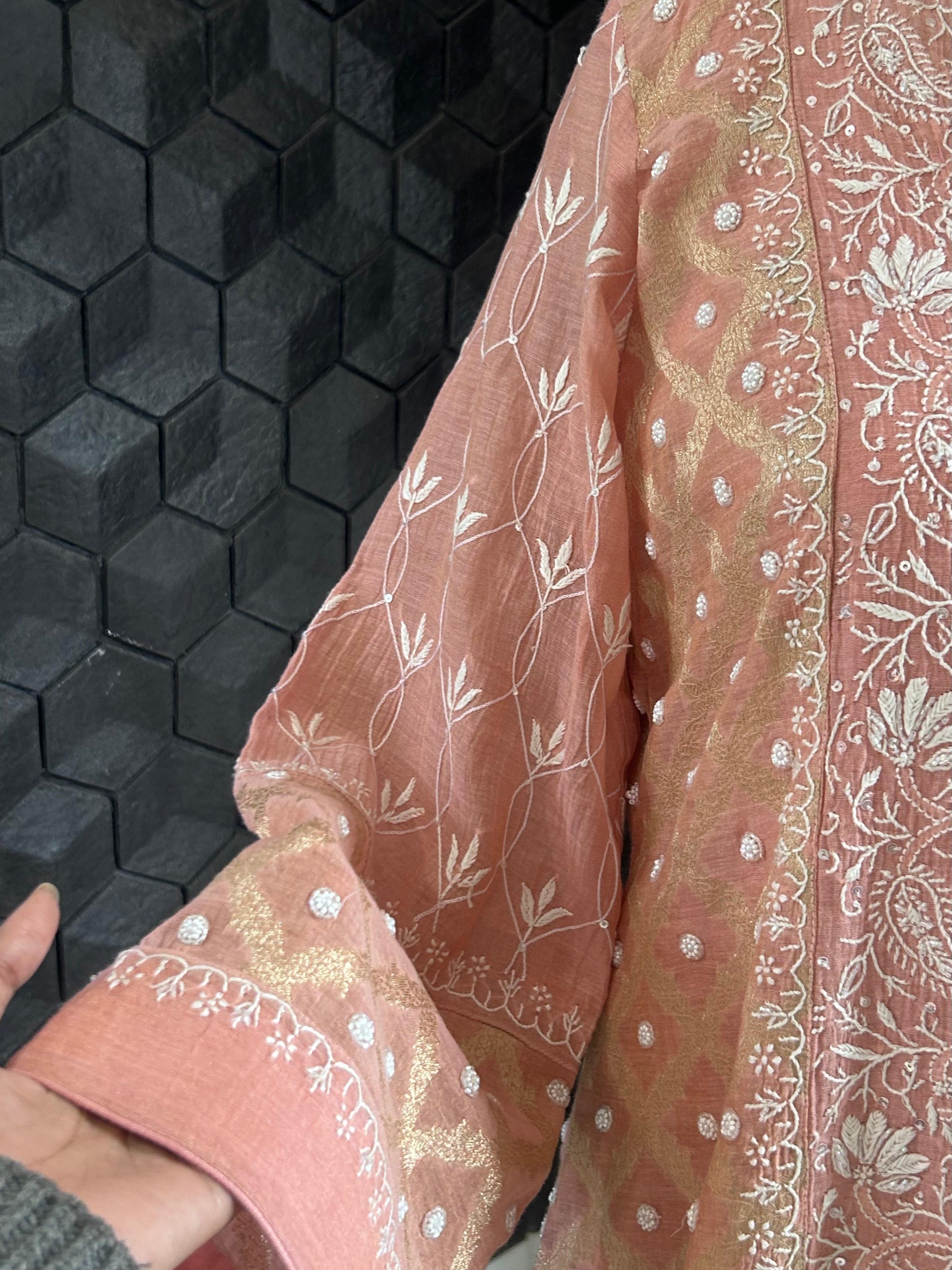 Pink Silver Tissue Chikankari Co-ord Set