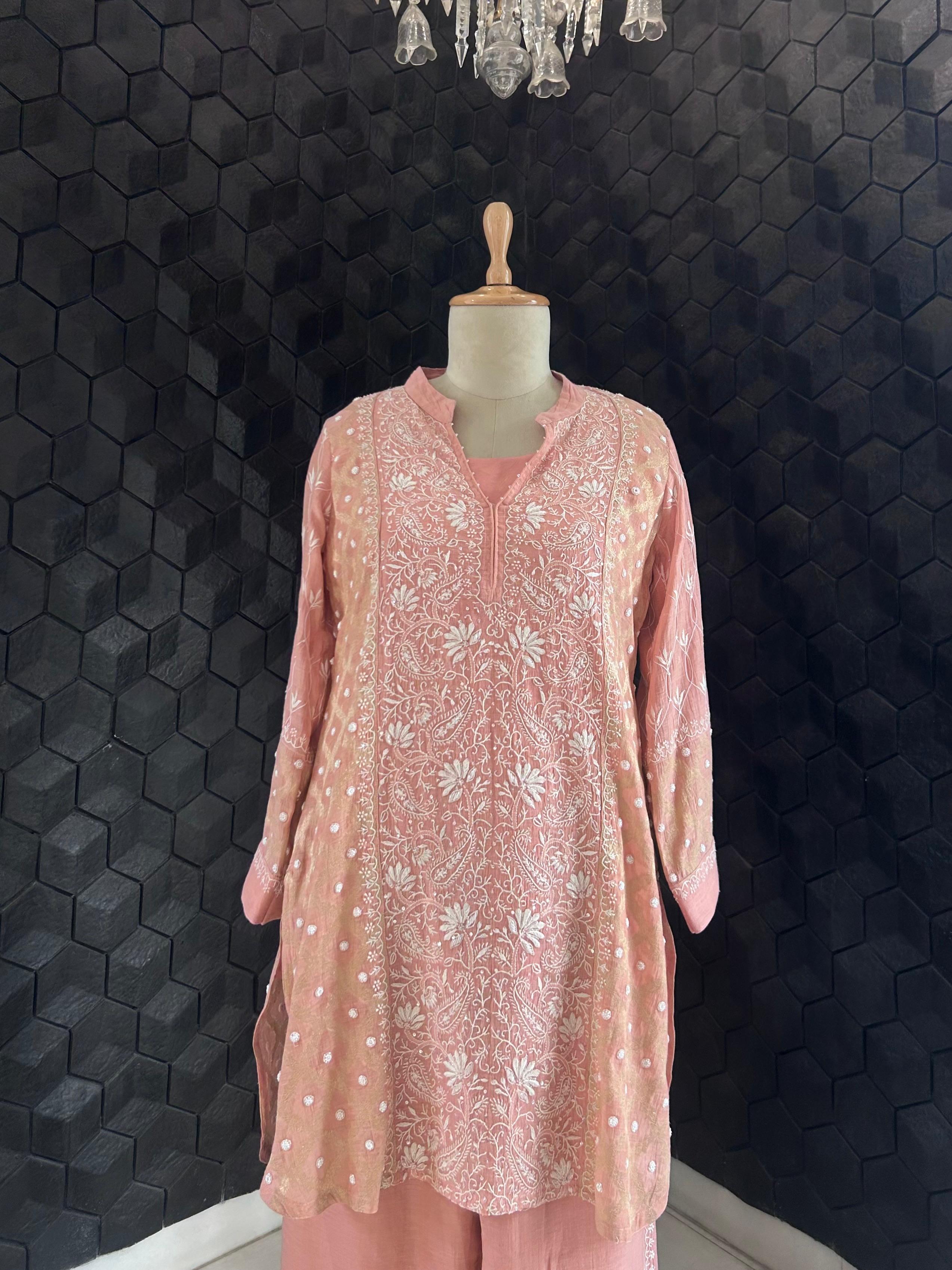Pink Silver Tissue Chikankari Co-ord Set