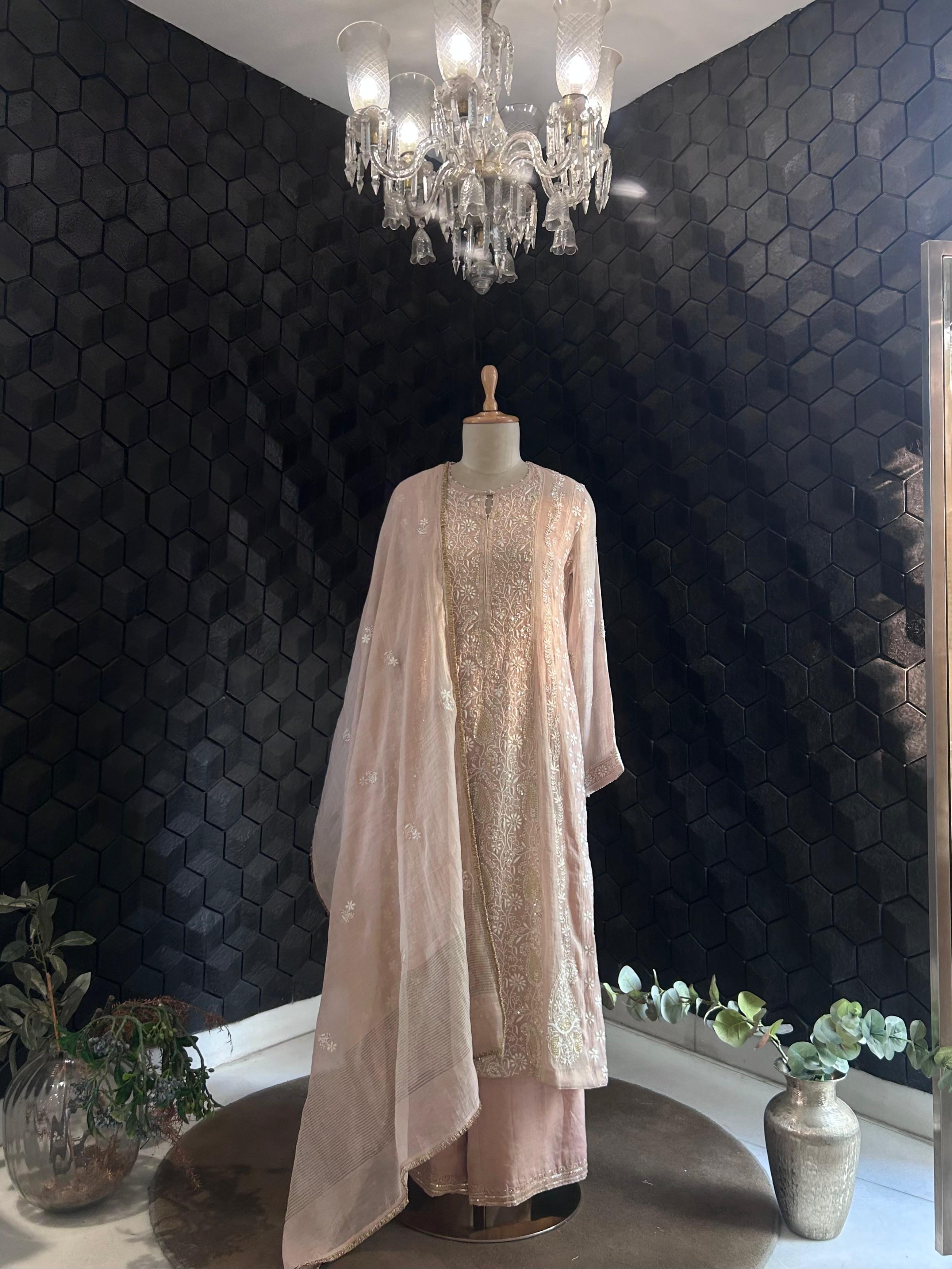 Pink Tissue Chikankari Suit Set