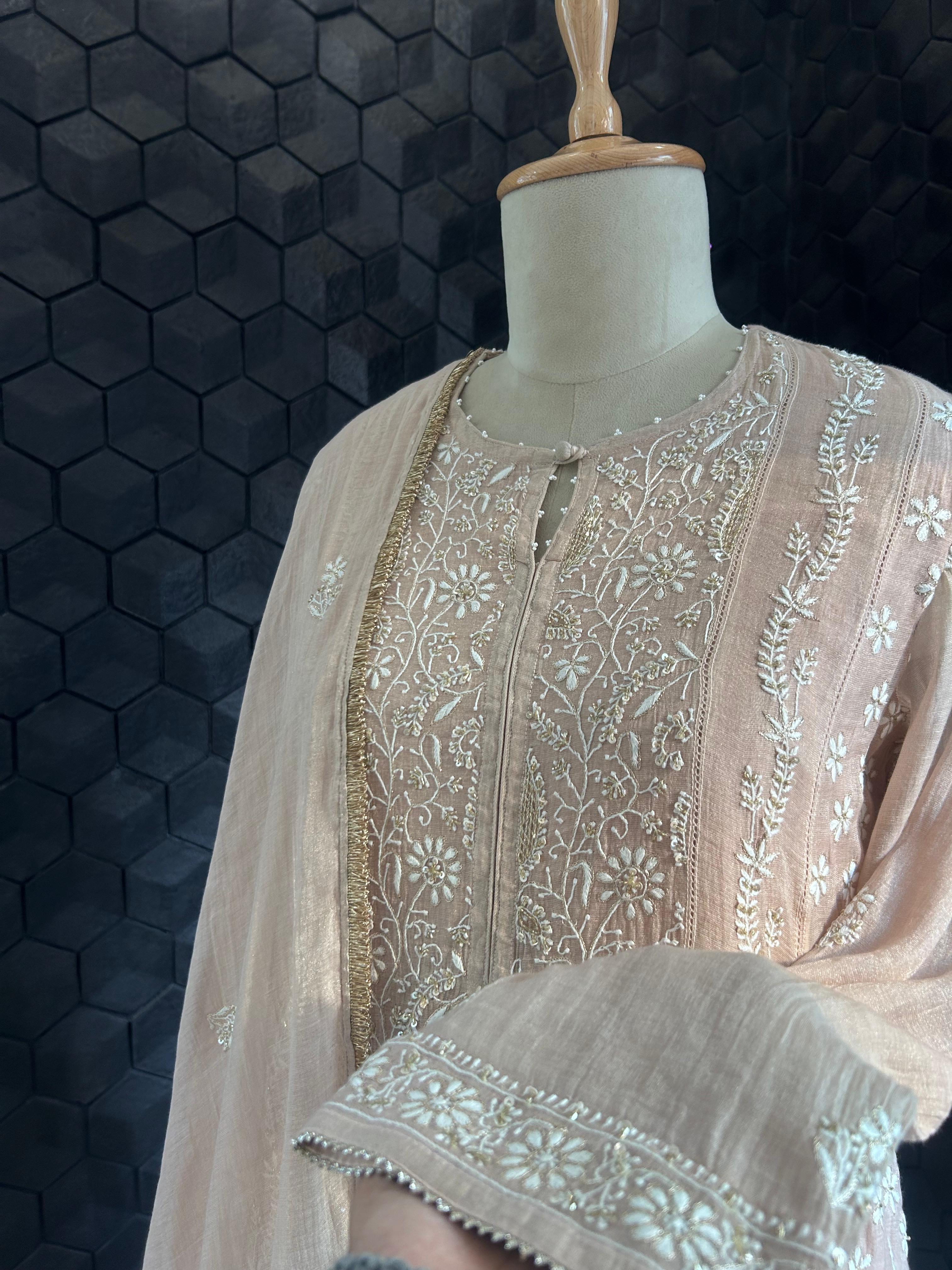 Pink Tissue Chikankari Suit Set
