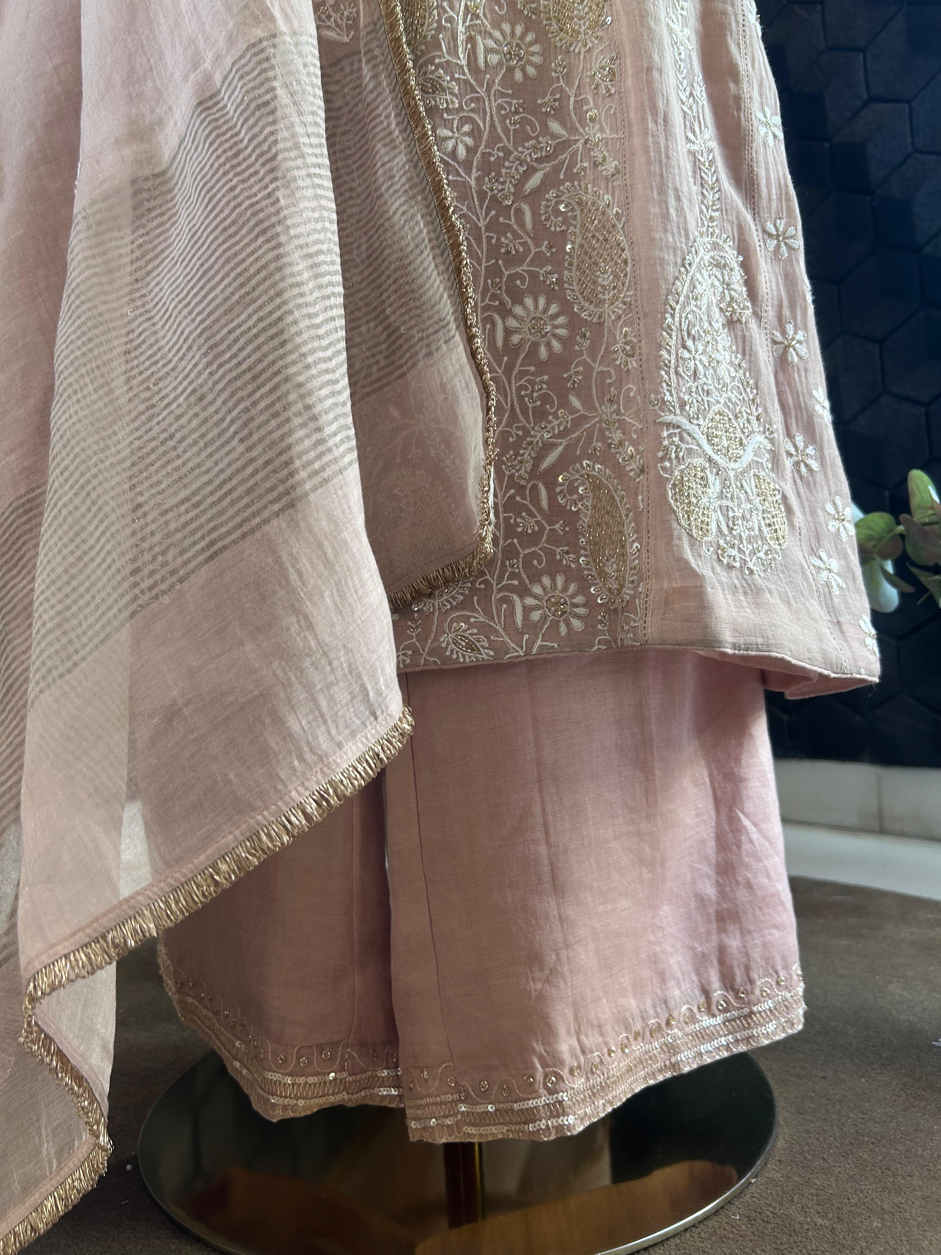Pink Tissue Chikankari Suit Set