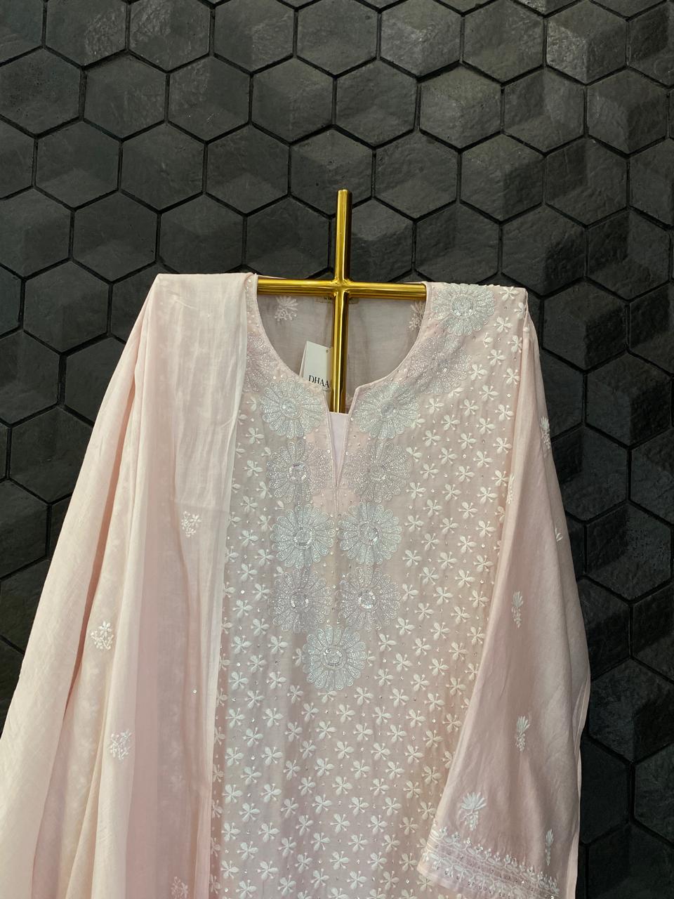 Pink Chanderi Chikankari Kurta Set