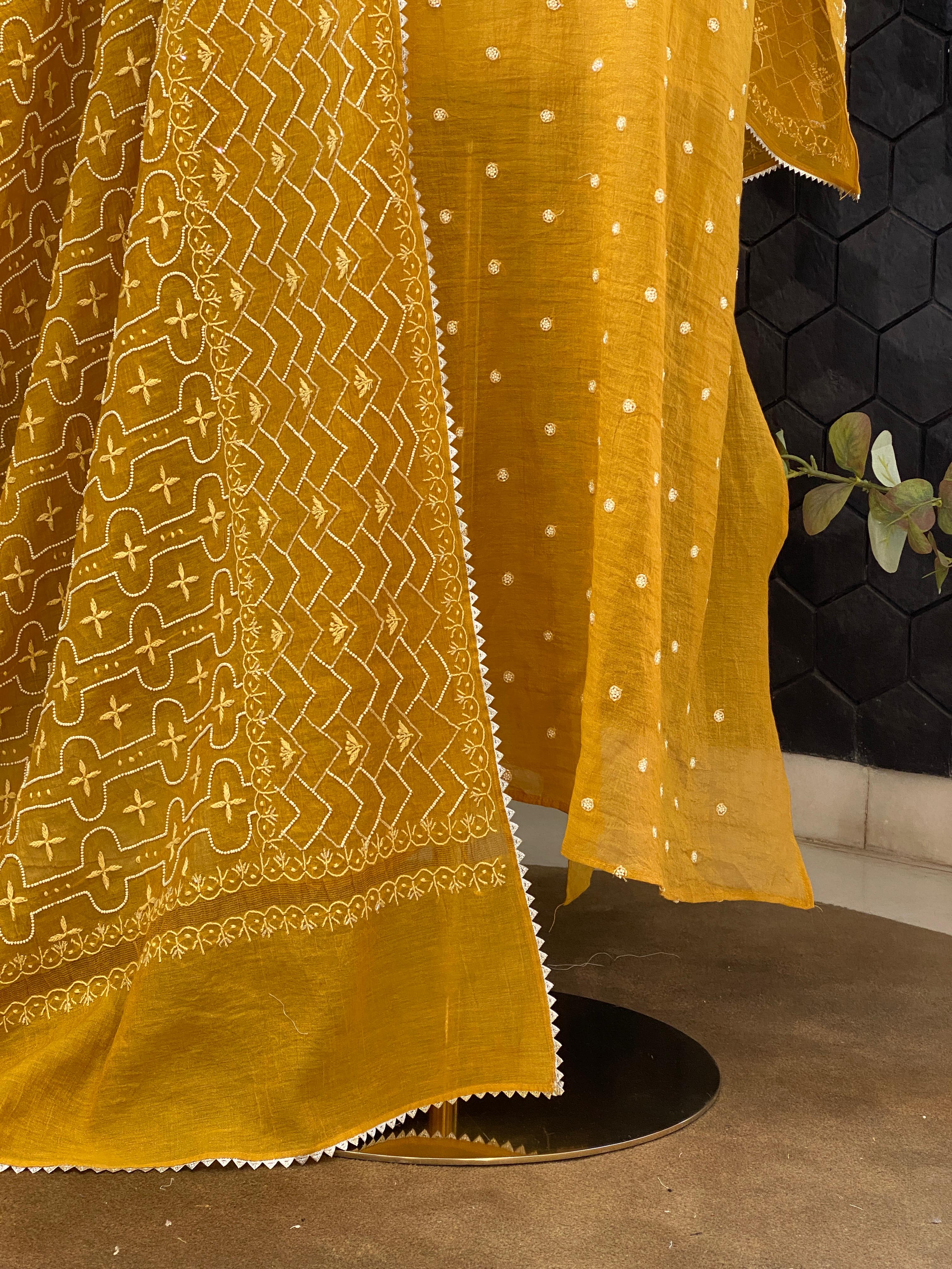 Mustard Golden Tissue Chikankari Kurta Set