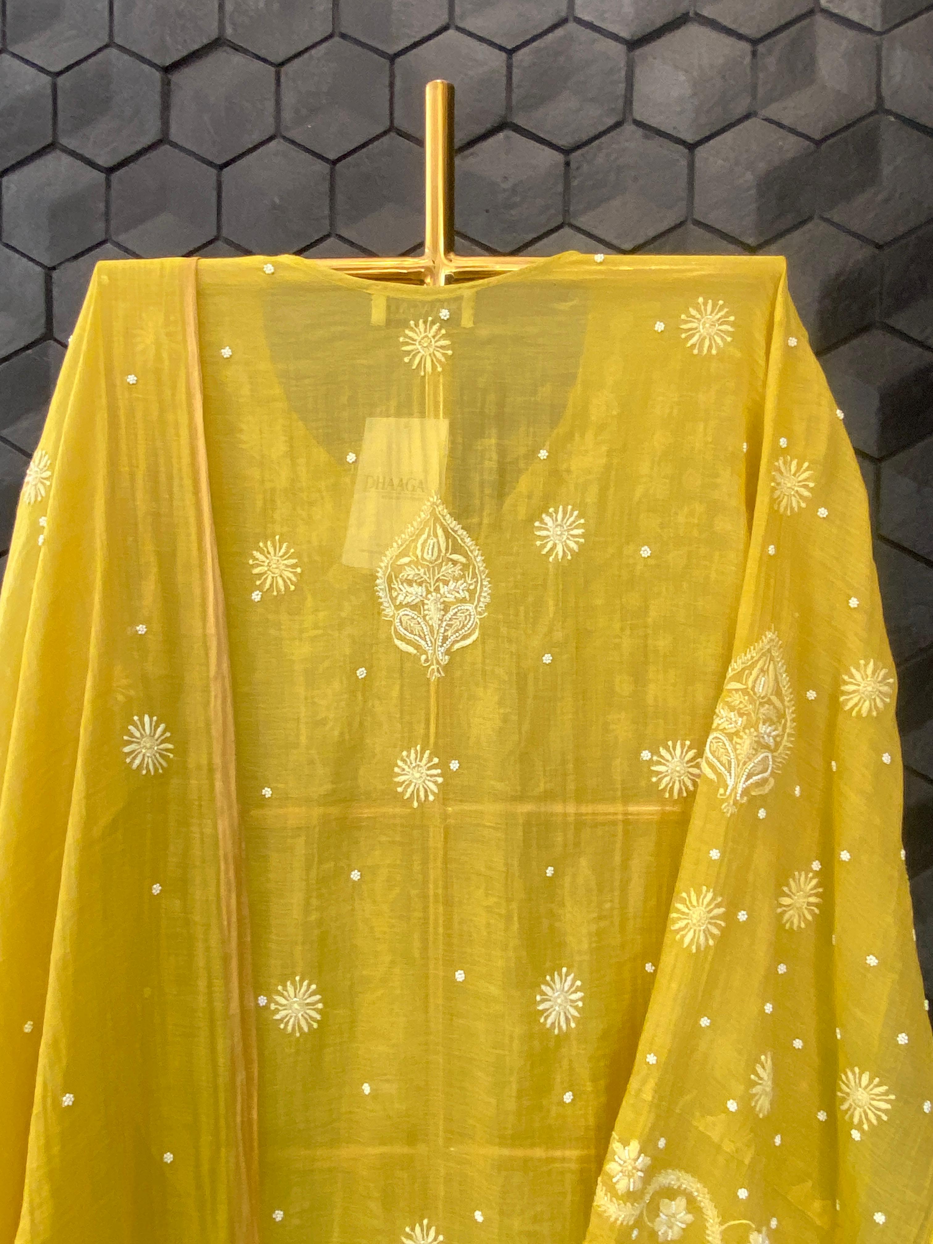 Lime Green Tissue Chikankari Kurta Set