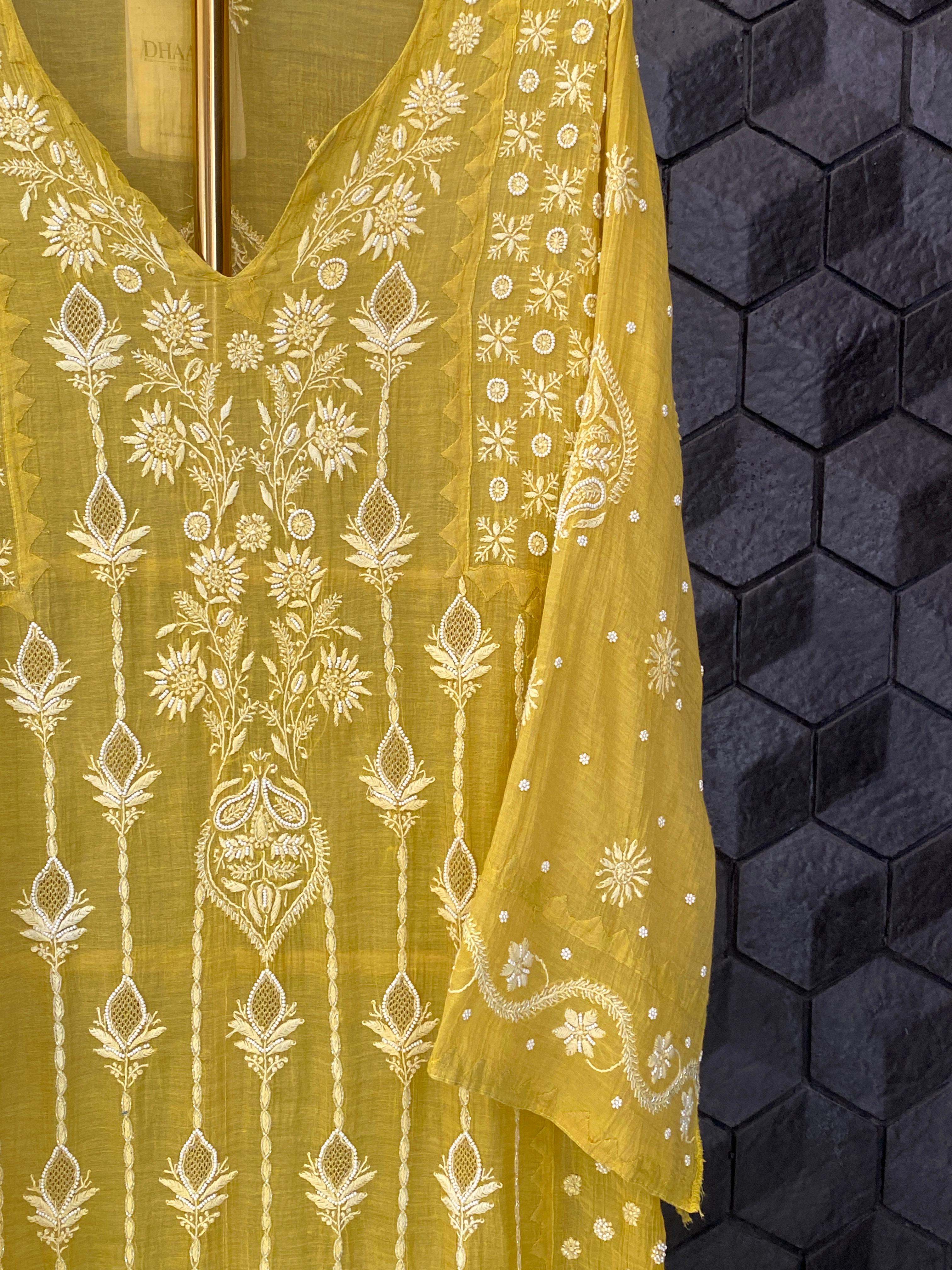 Lime Green Tissue Chikankari Kurta Set