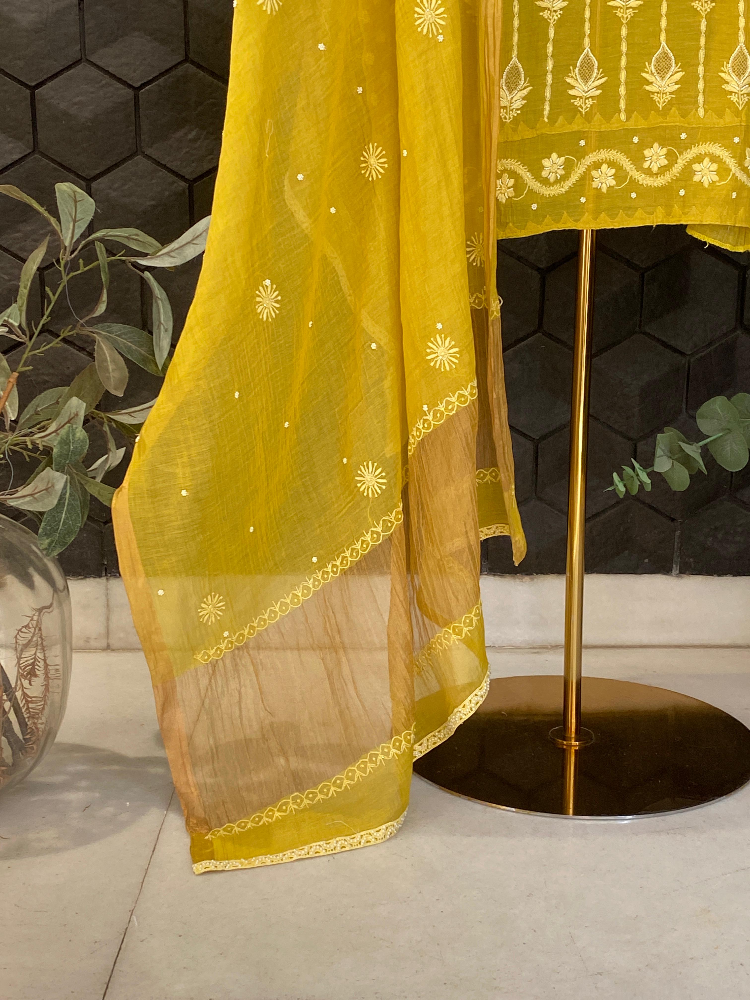 Lime Green Tissue Chikankari Kurta Set