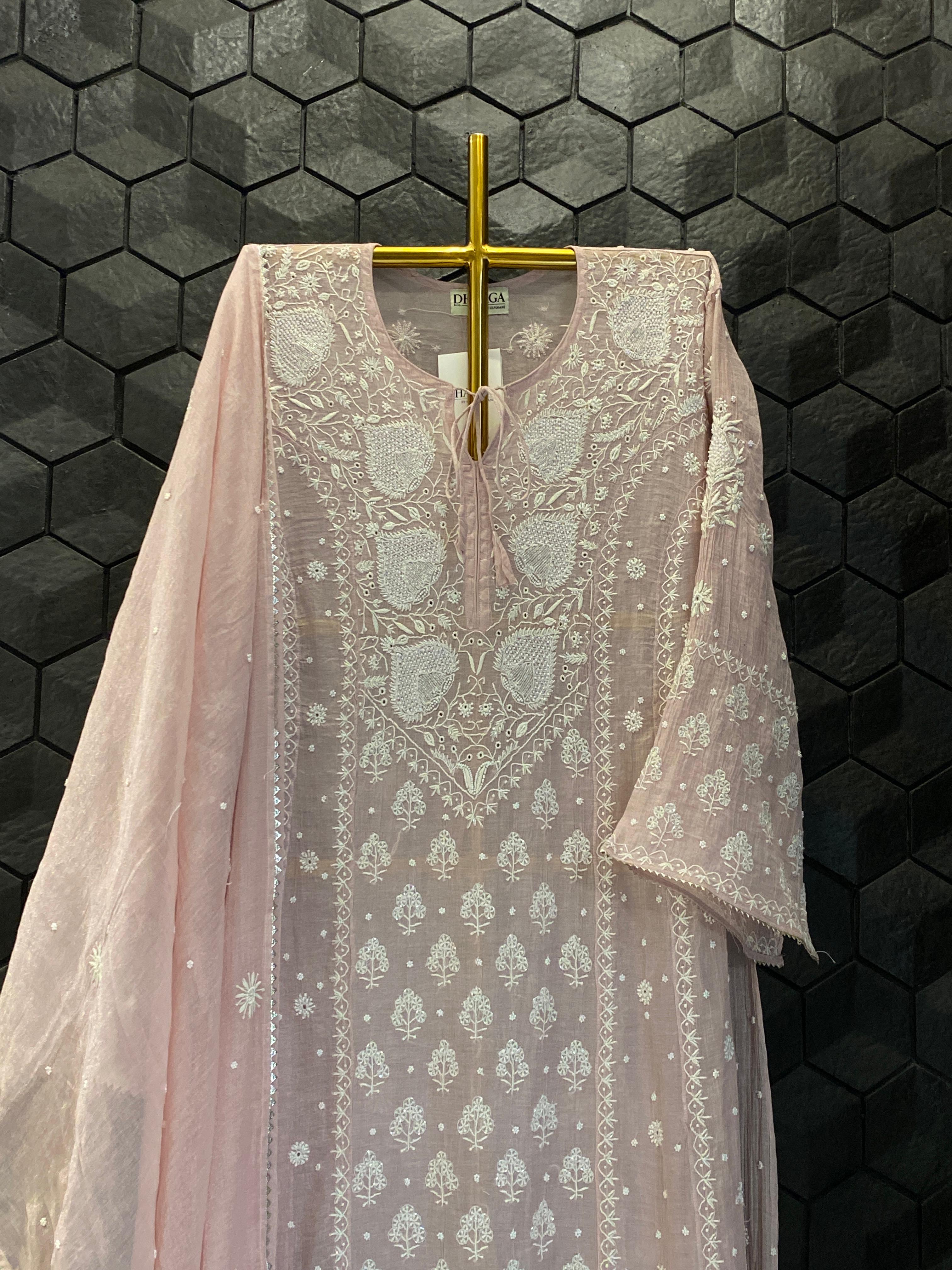 Pink Silver Tissue Chikankari Anarkali Set