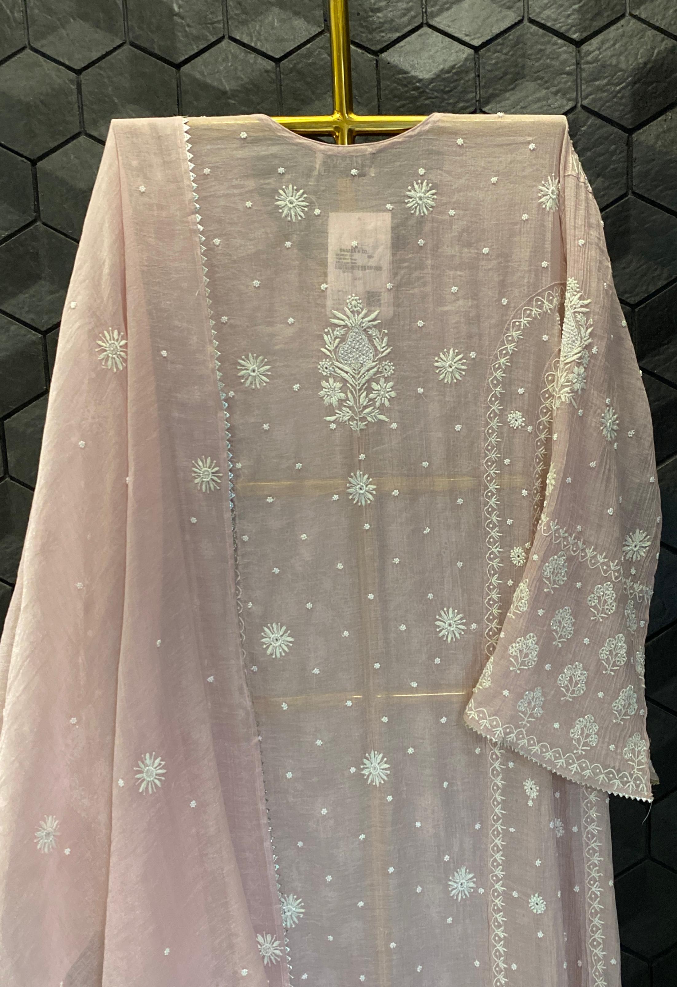 Pink Silver Tissue Chikankari Anarkali Set