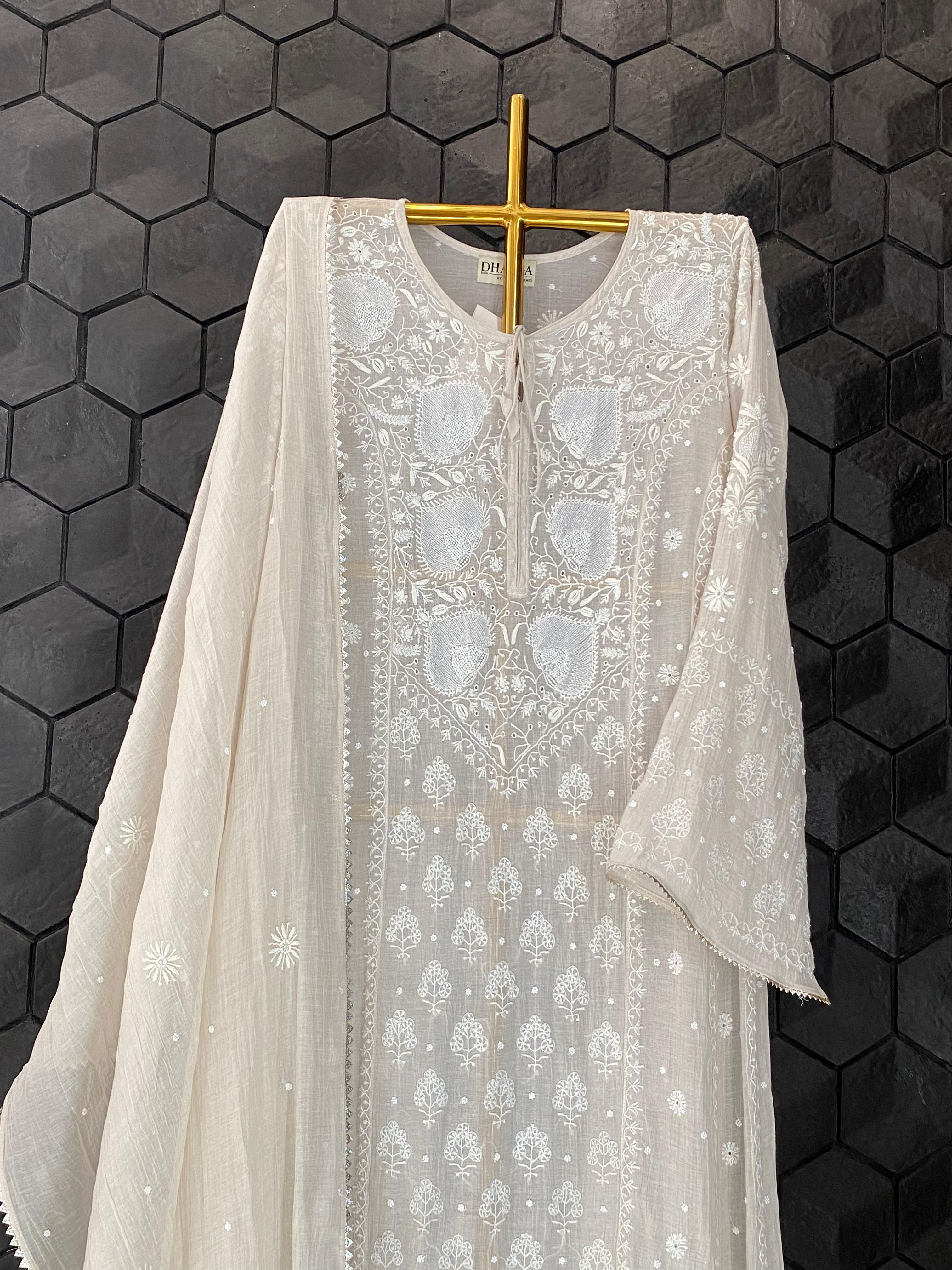 Silver Tissue Chikankari Anarkali Set