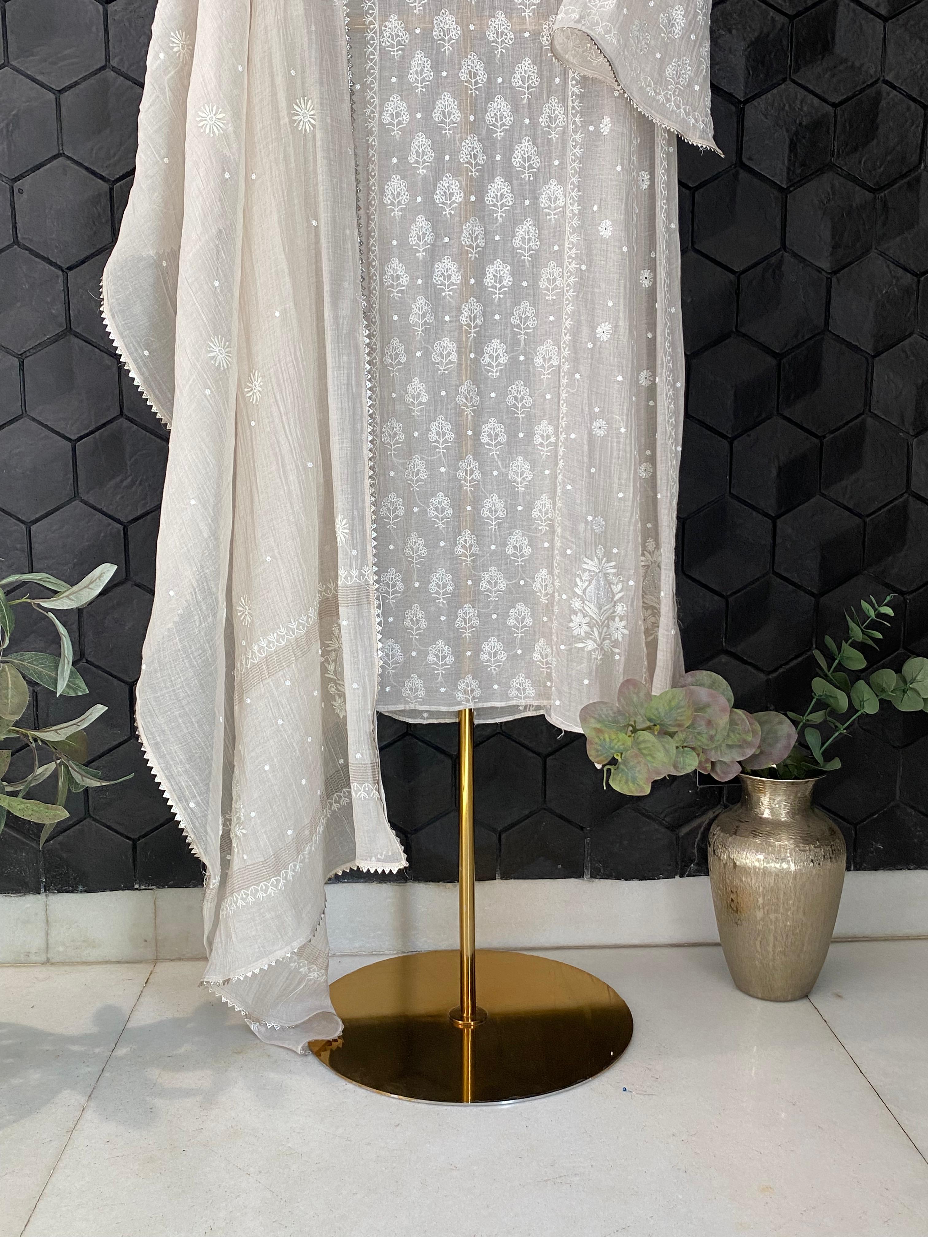 Silver Tissue Chikankari Anarkali Set