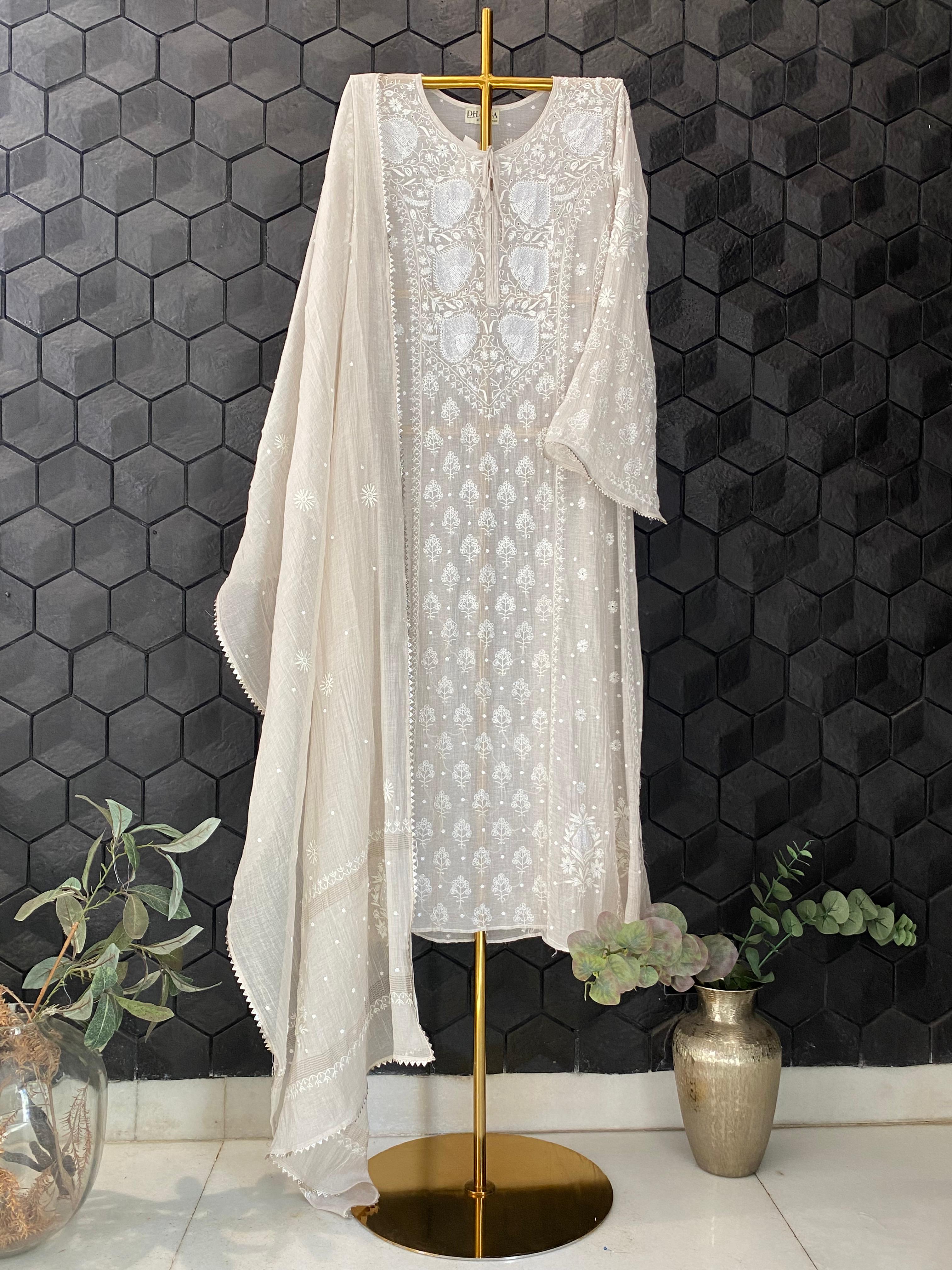 Silver Tissue Chikankari Anarkali Set