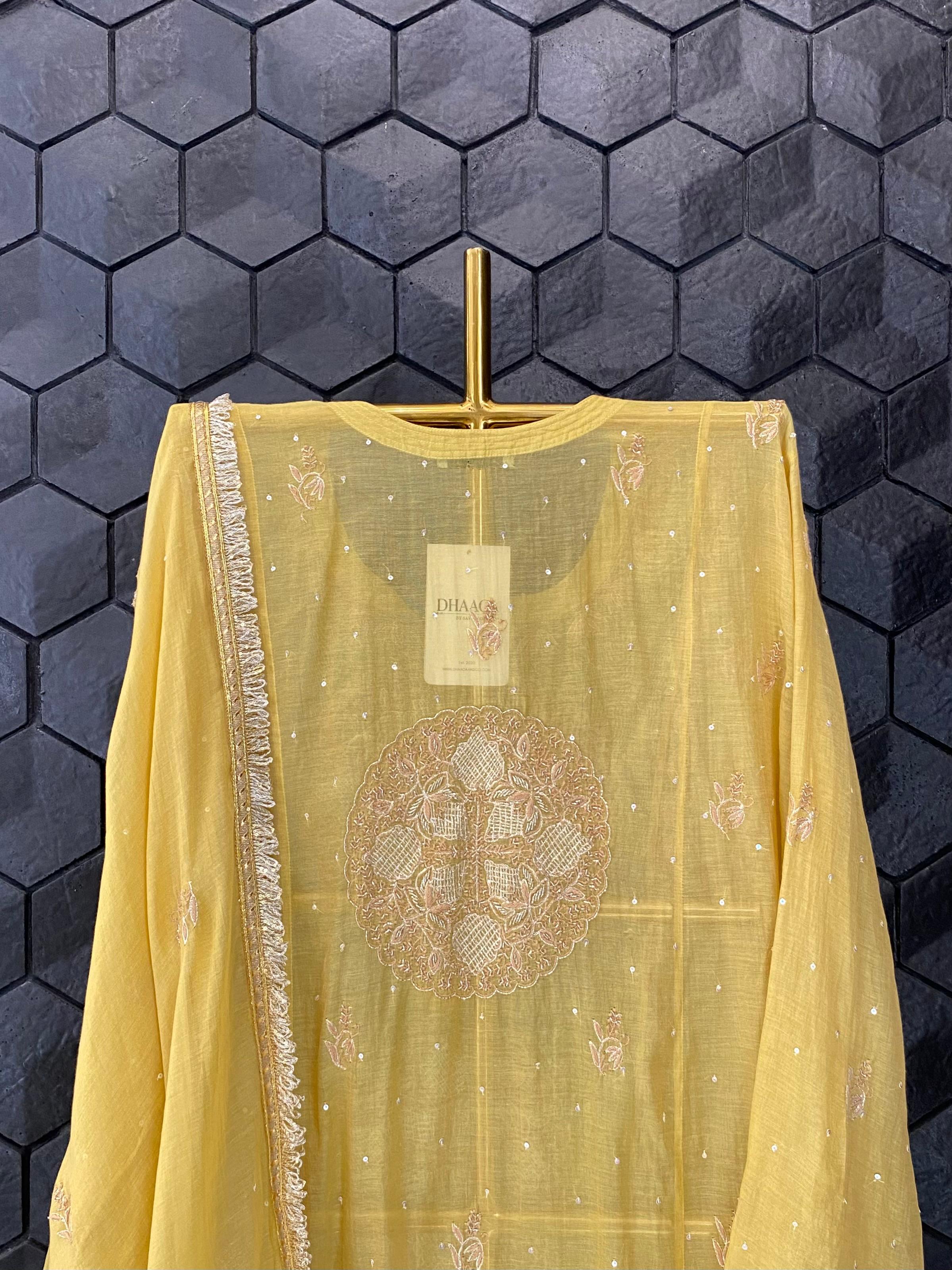 Yellow Golden Tissue Chikankari Kurta Set