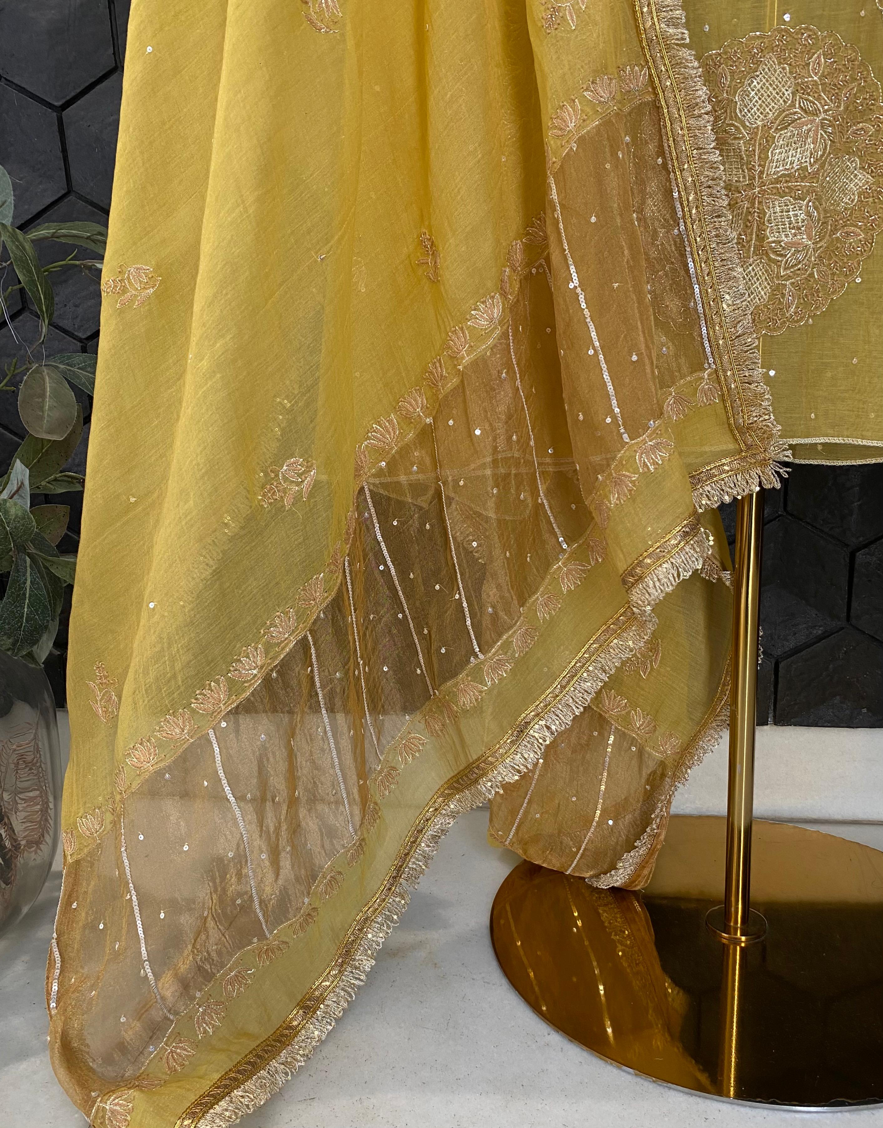 Yellow Golden Tissue Chikankari Kurta Set