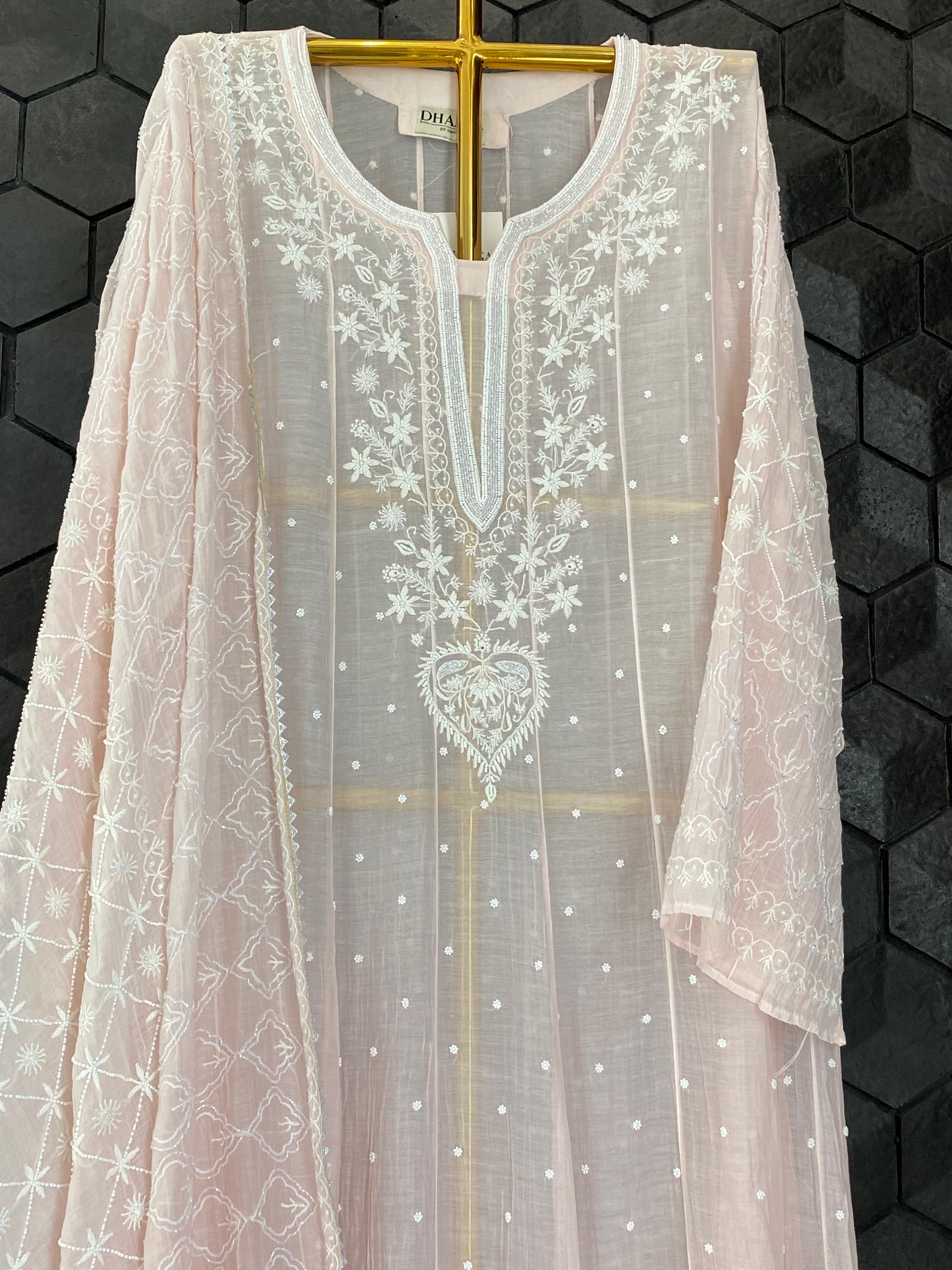Pink Mul Chanderi Chikankari Anarkali Set