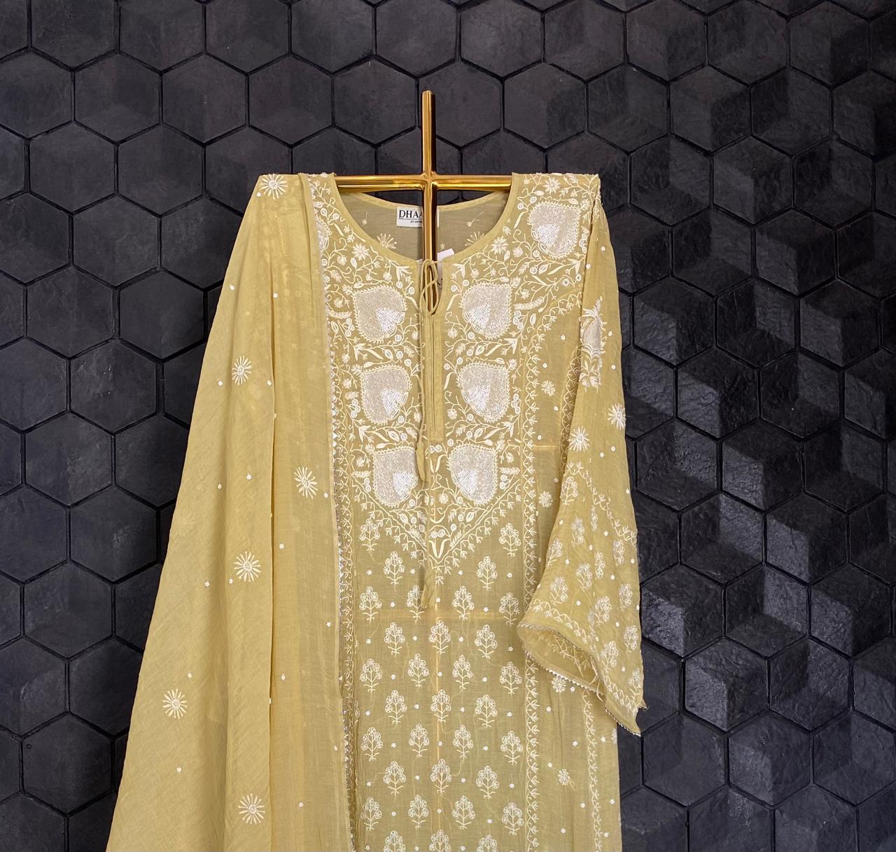 Lime Green Silver Tissue Chikankari Anarkali Set