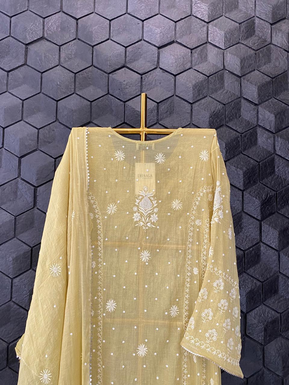 Lime Green Silver Tissue Chikankari Anarkali Set