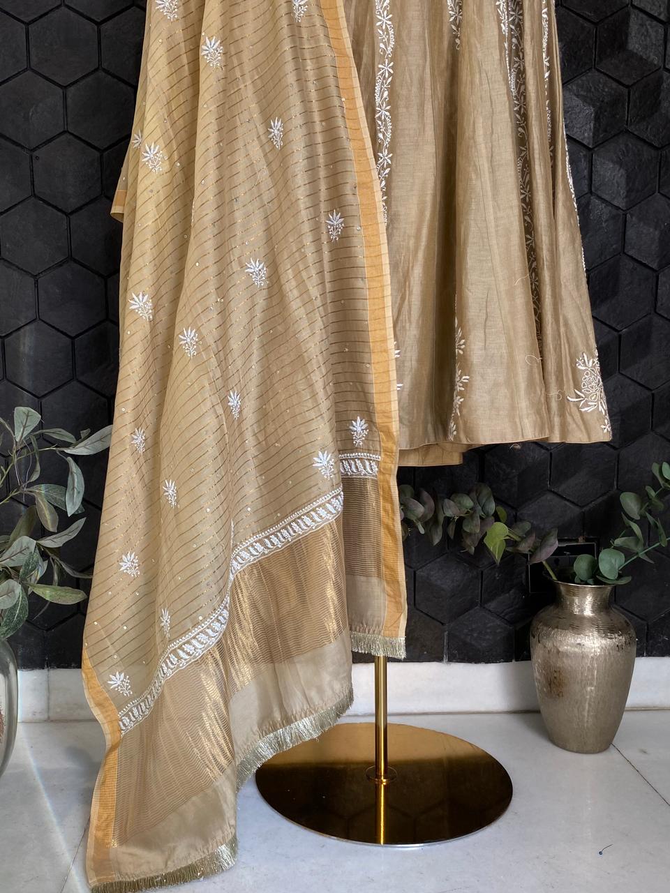 Brown Striped Tissue Chikankari Kurta Set