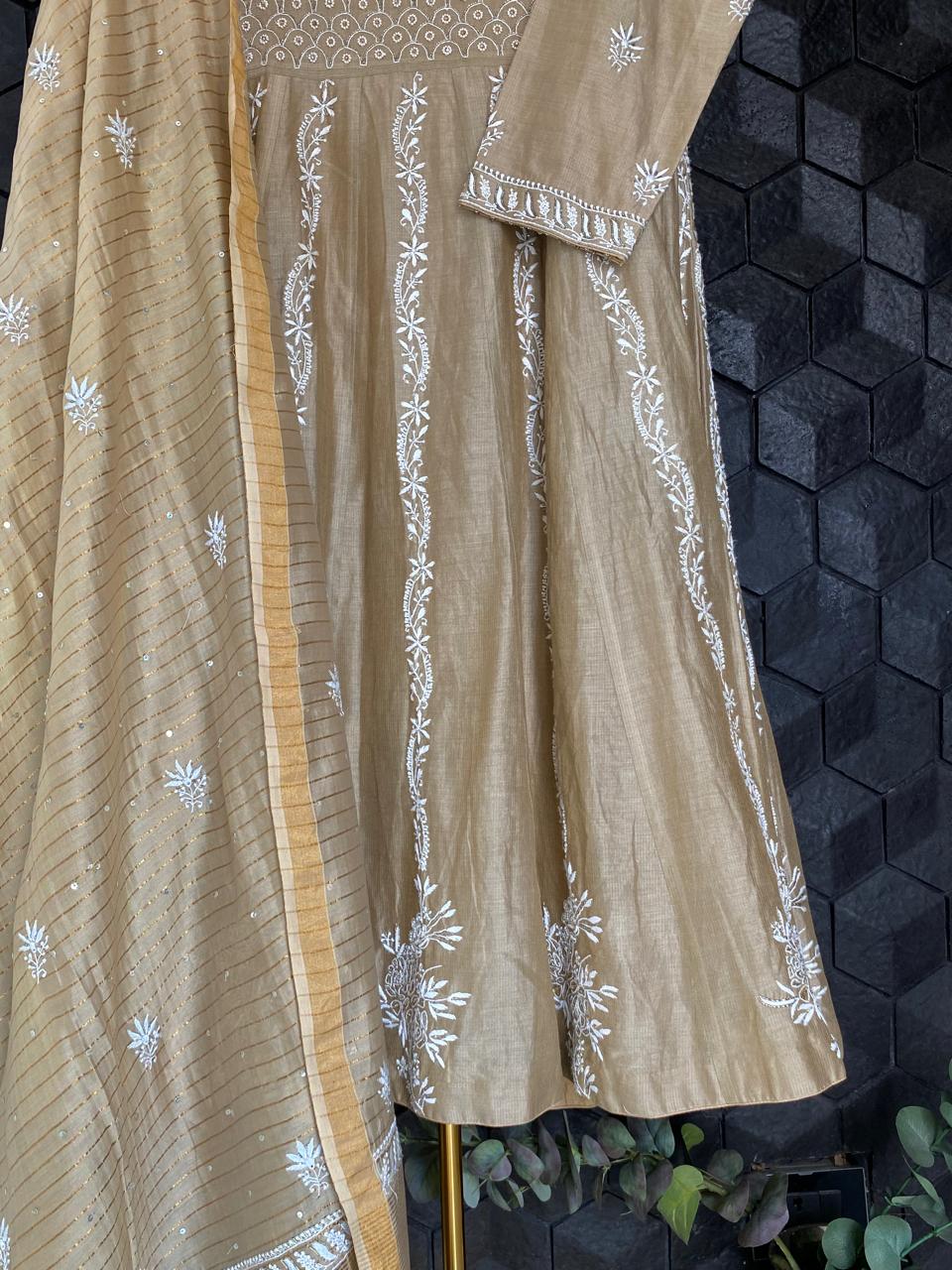 Brown Striped Tissue Chikankari Kurta Set