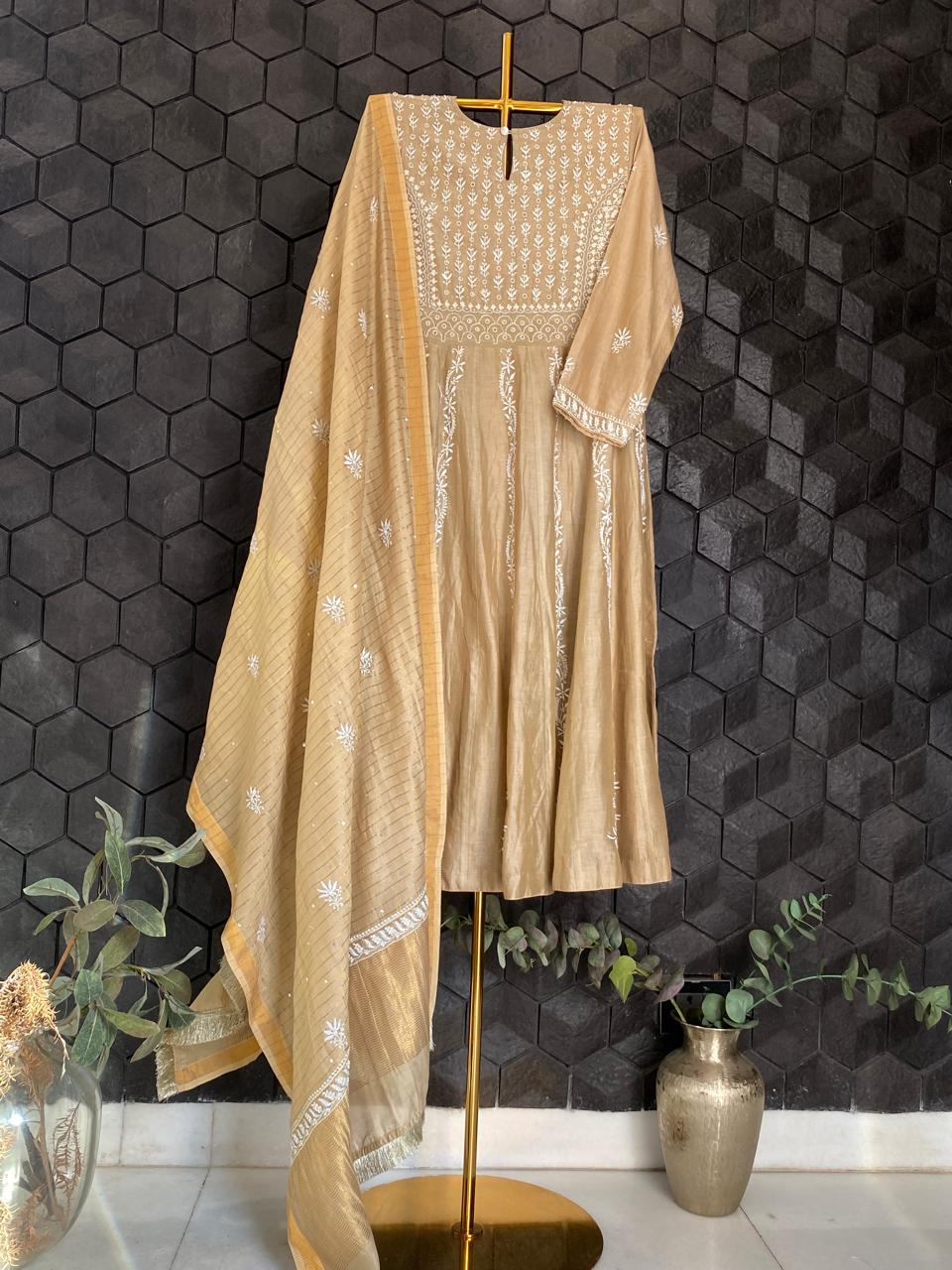 Brown Striped Tissue Chikankari Kurta Set