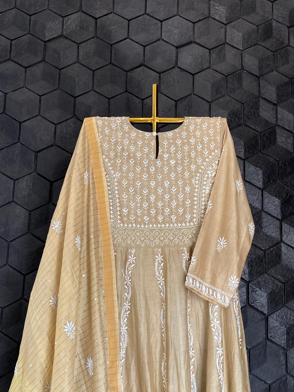 Brown Striped Tissue Chikankari Kurta Set