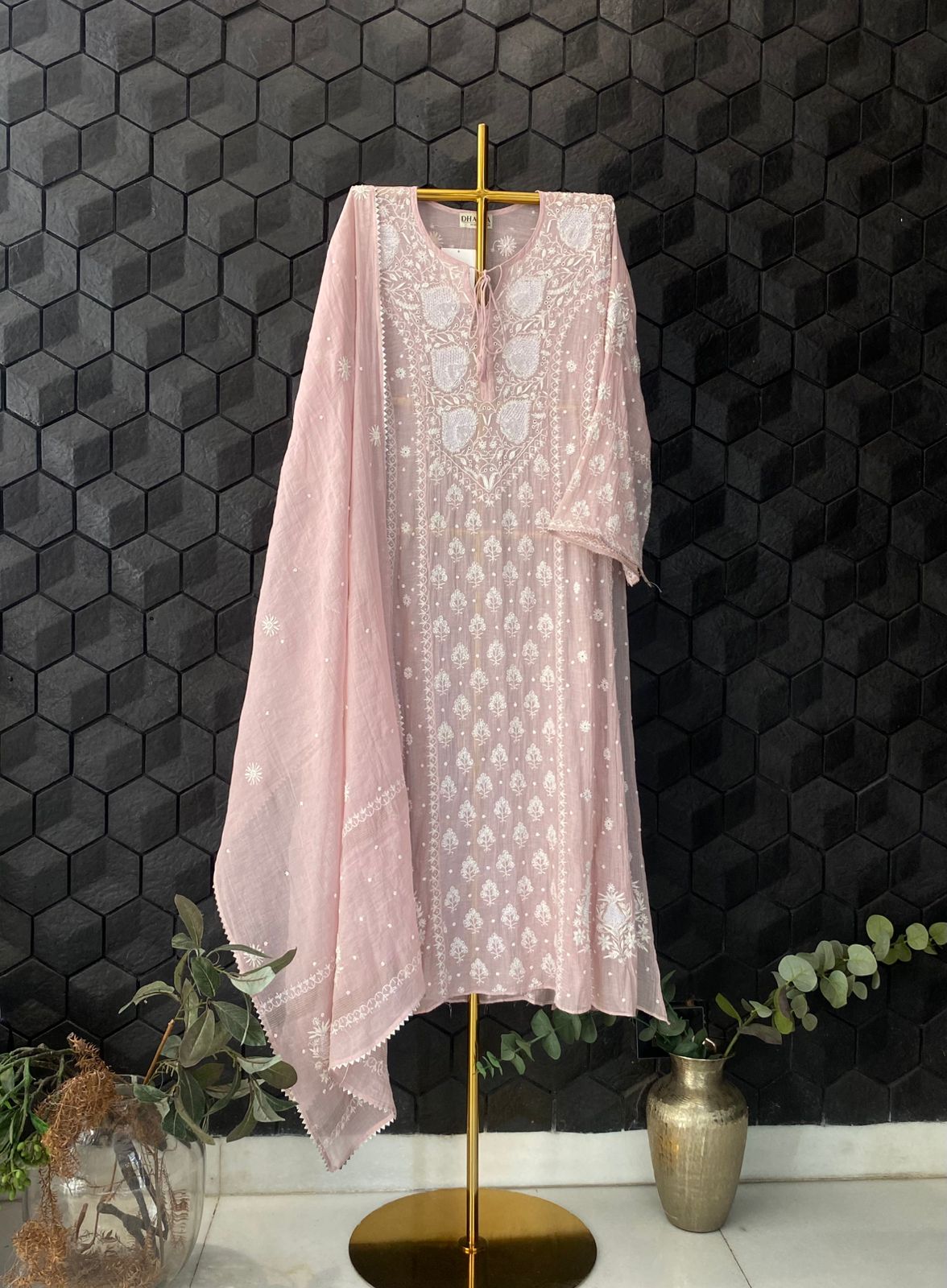 Pink Silver Tissue Chikankari Anarkali Set