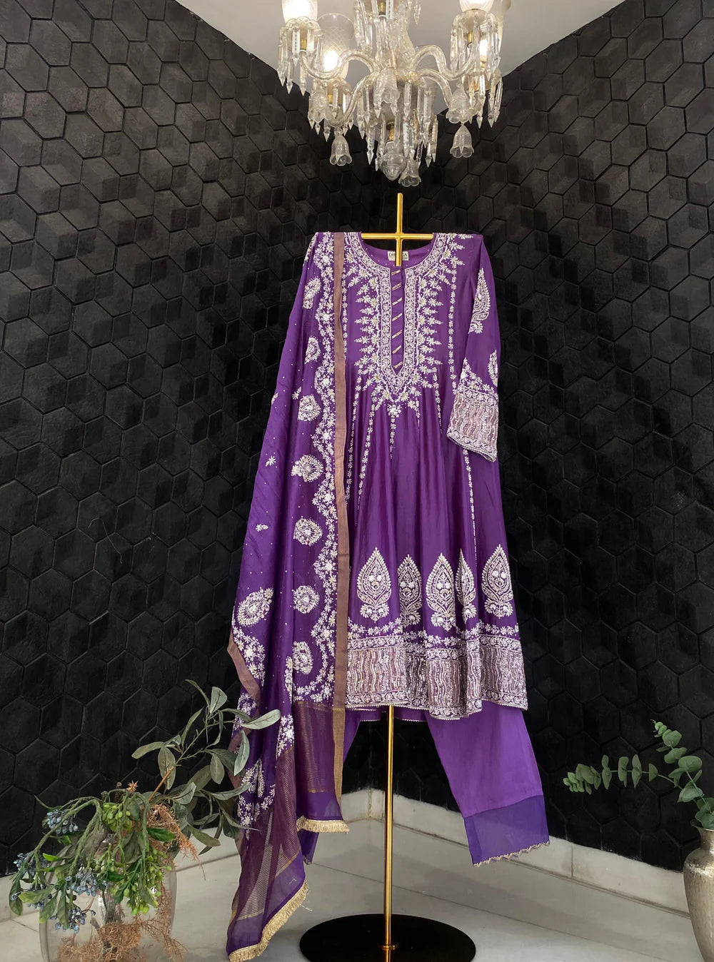 Purple Chanderi Chikankari Anarkali Set