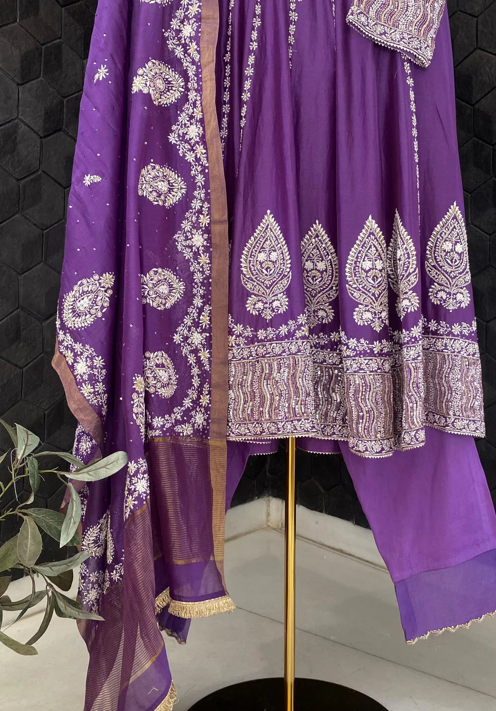 Purple Chanderi Chikankari Anarkali Set