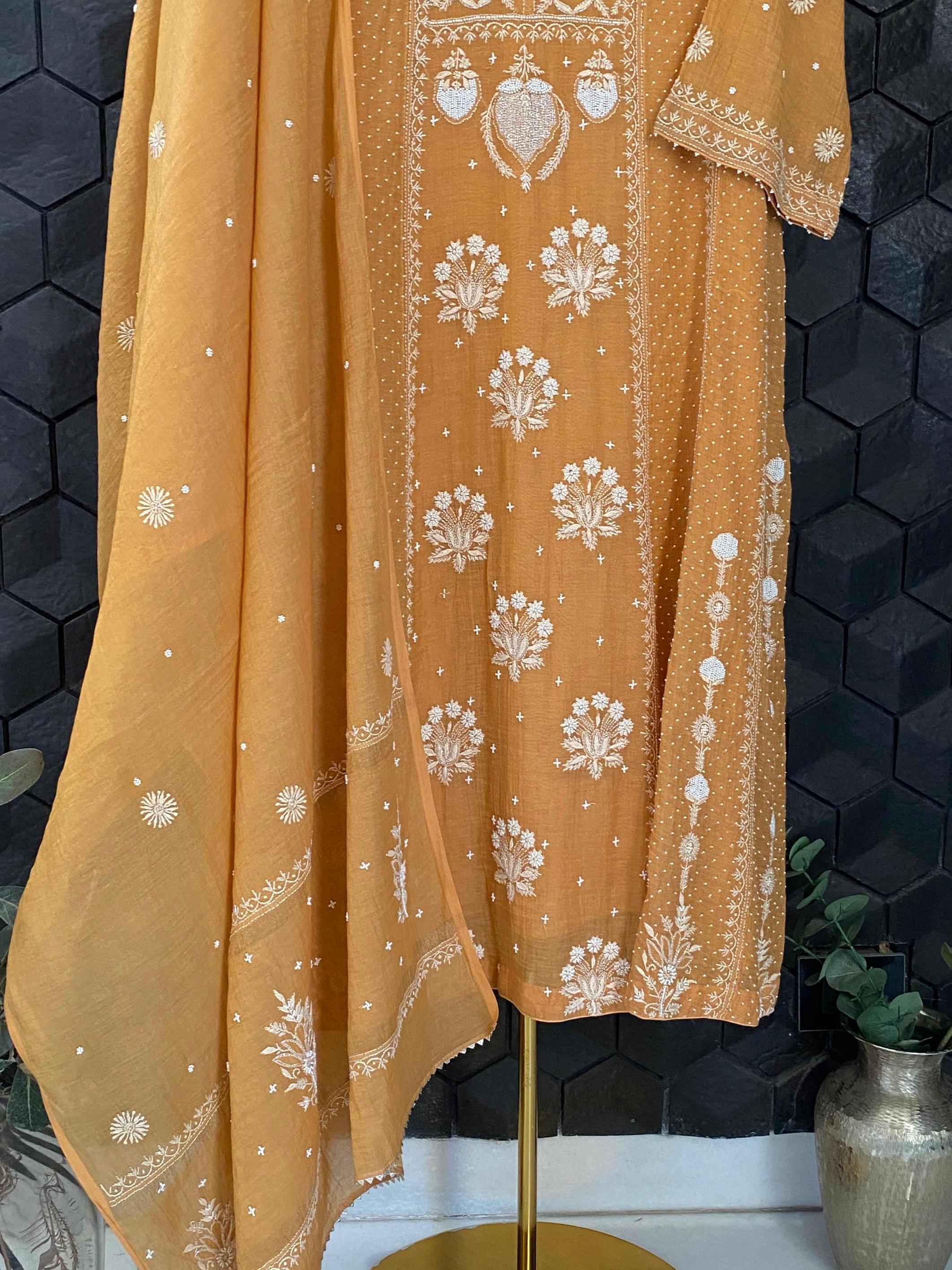 Mustard Golden Tissue Chikankari Anarkali Set