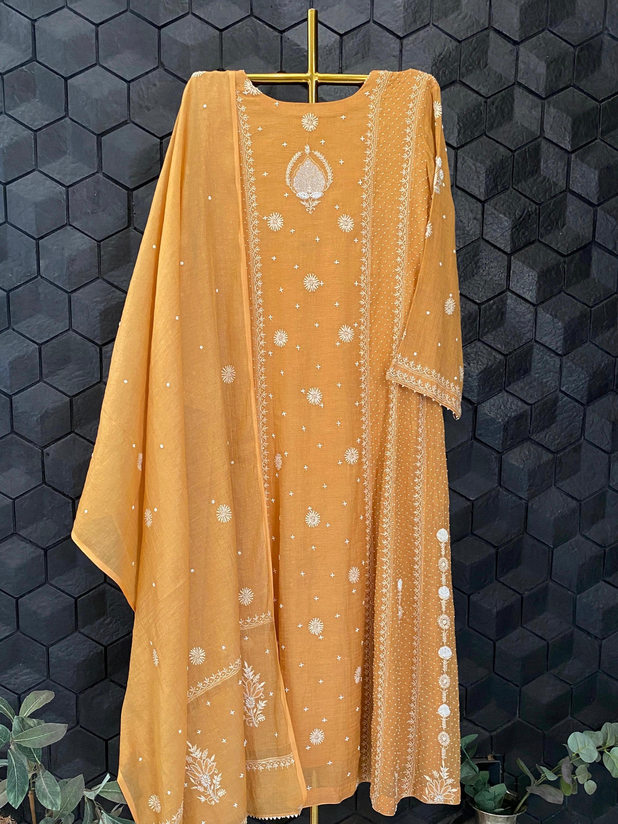 Mustard Golden Tissue Chikankari Anarkali Set