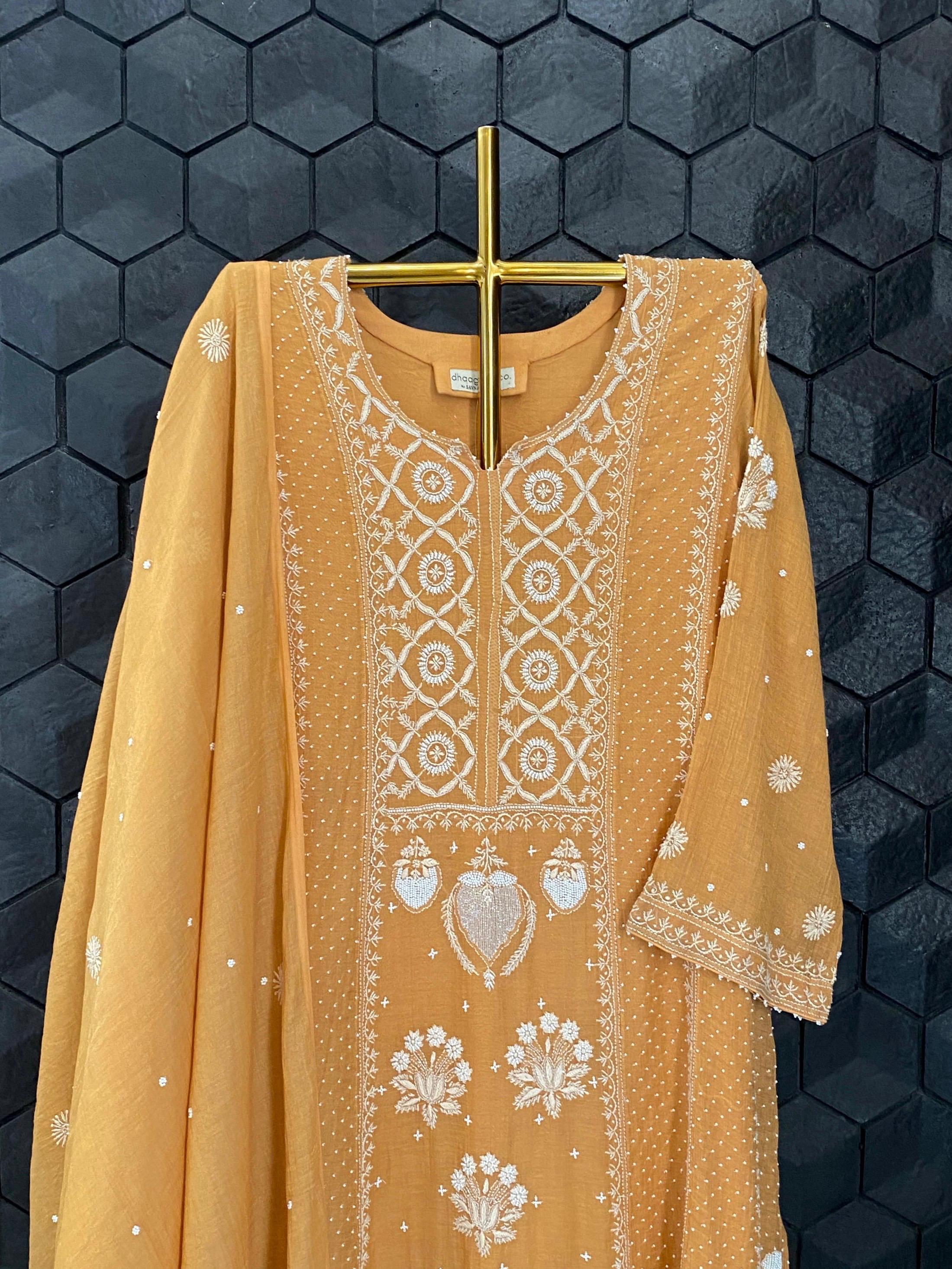 Mustard Golden Tissue Chikankari Anarkali Set
