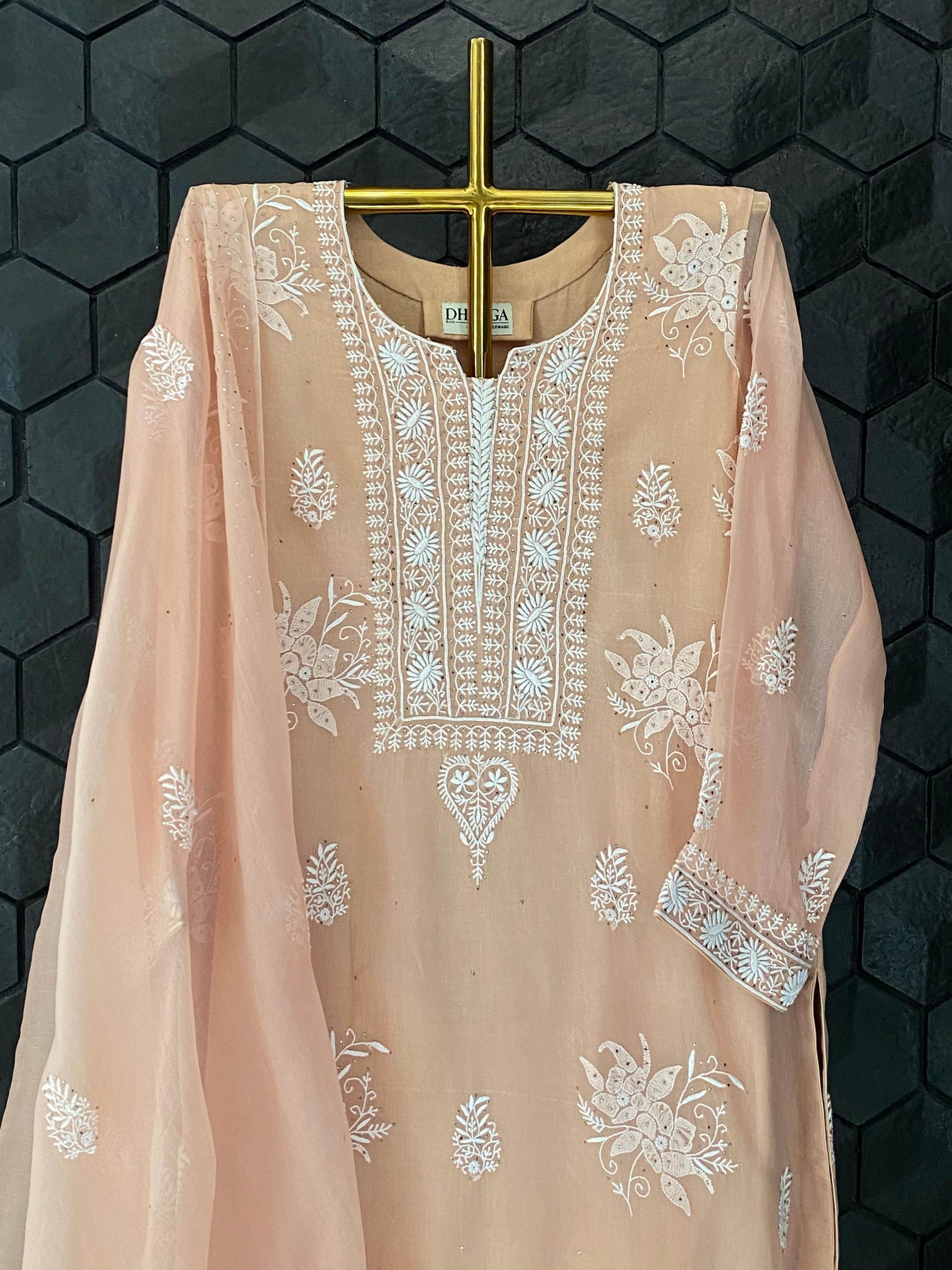 Peach Organza Chikankari Suit Set