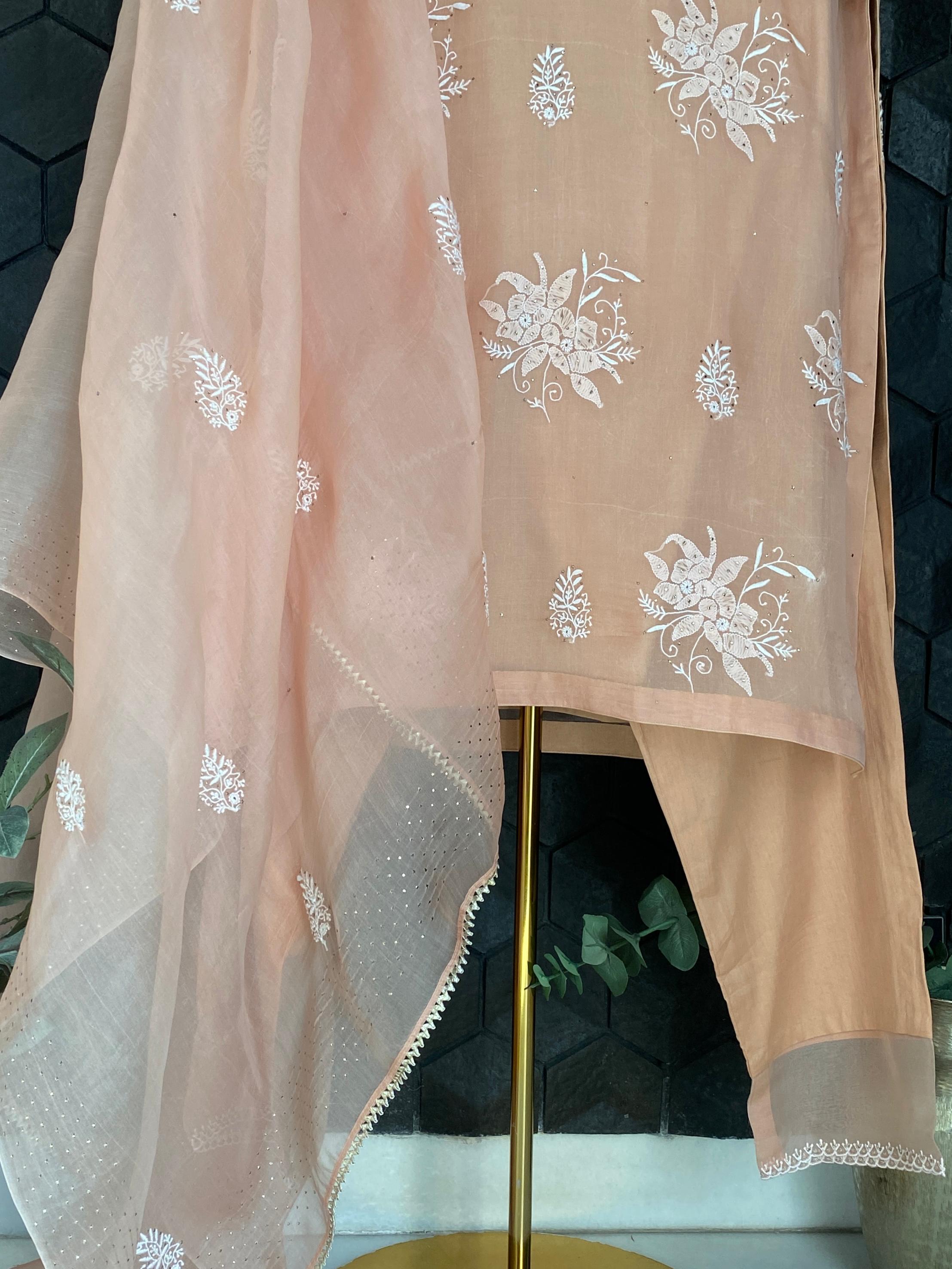 Peach Organza Chikankari Suit Set