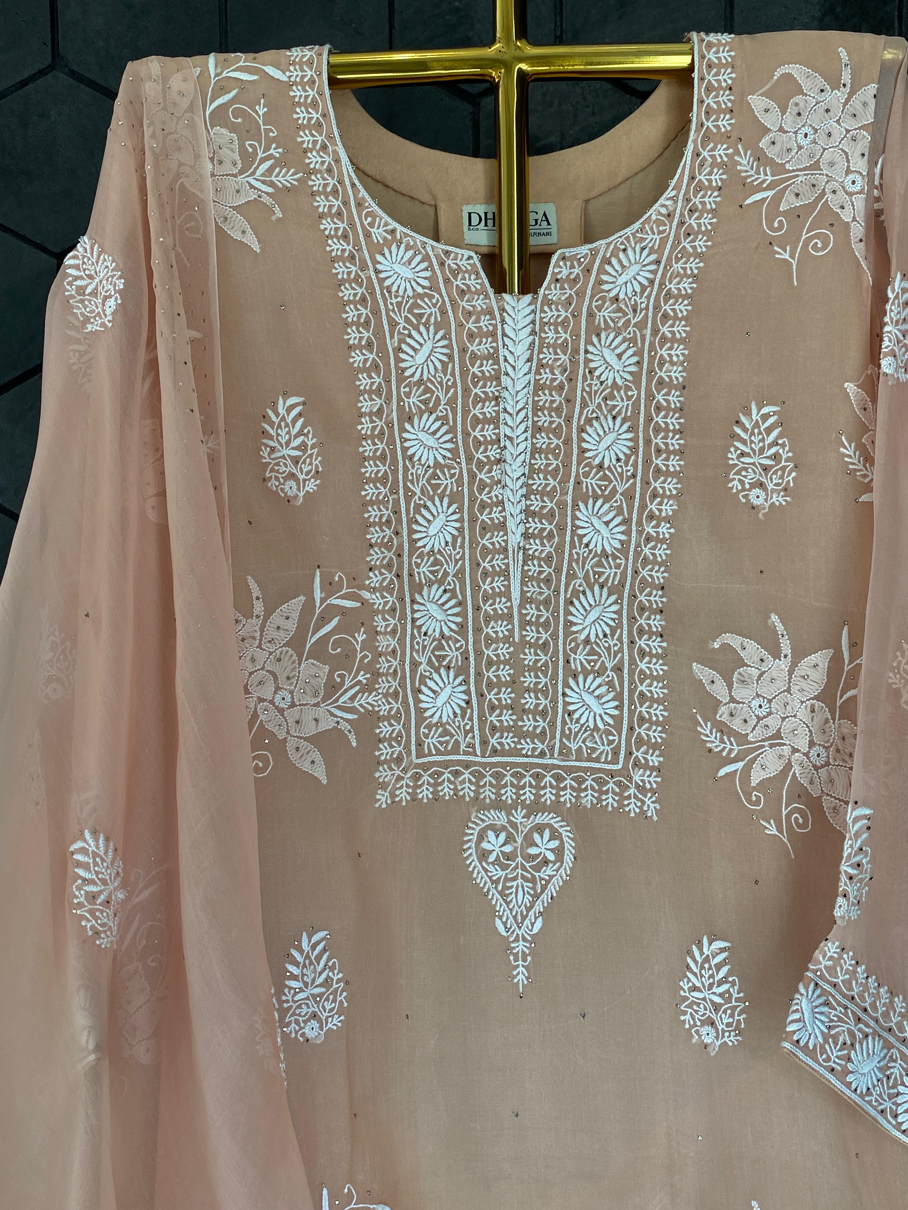Peach Organza Chikankari Suit Set