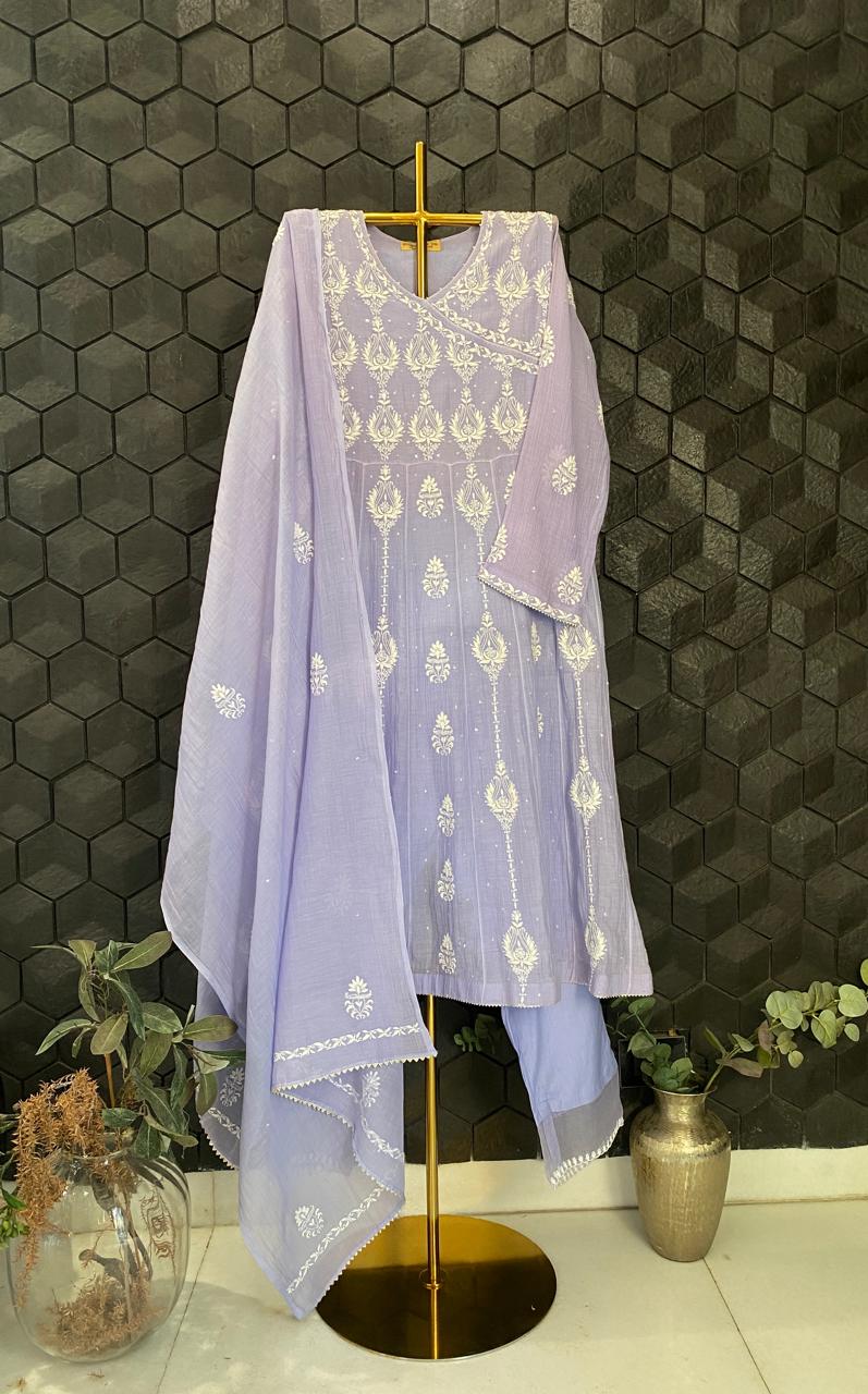 Lilac Mul Chanderi Chikankari Anarkali Set