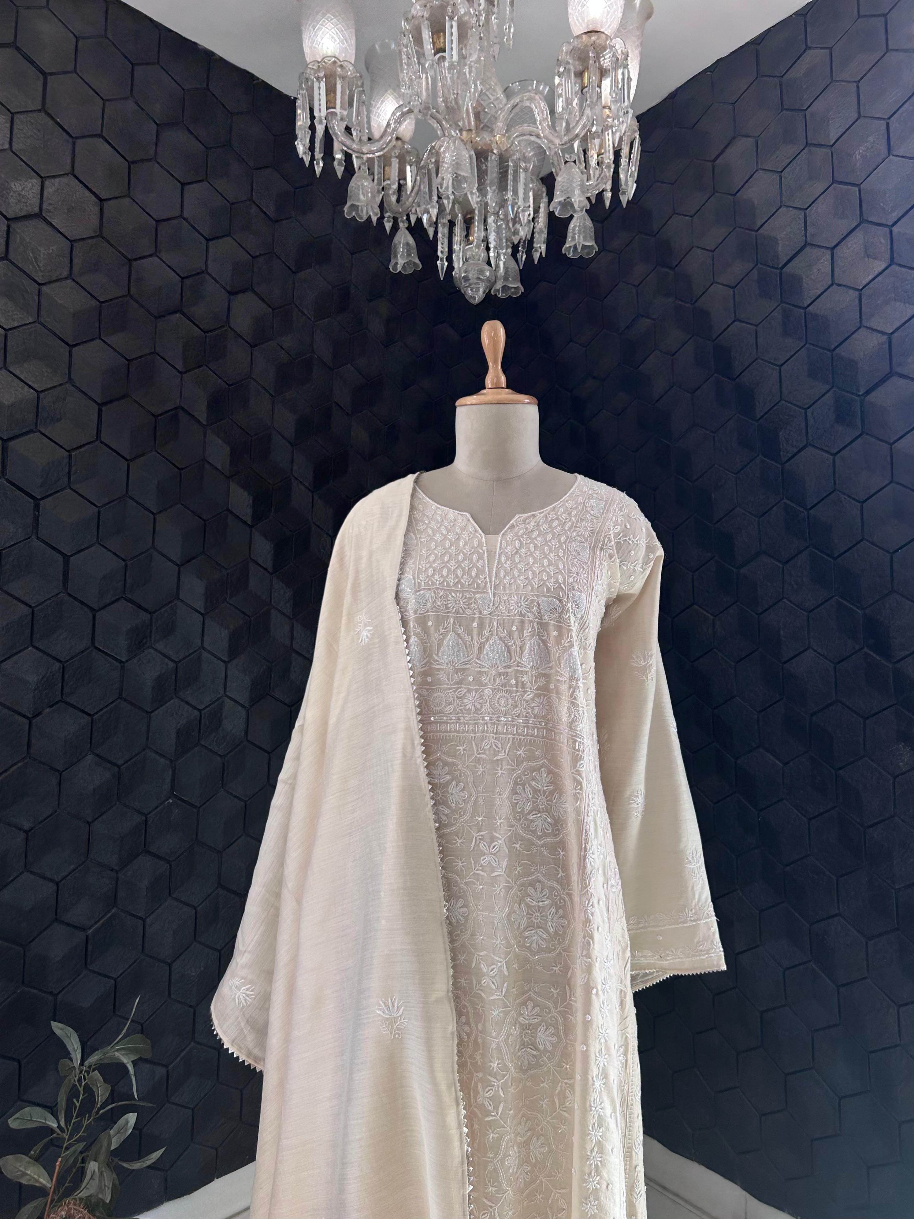 Beige Munga Silk Chikankari Anarkali Set