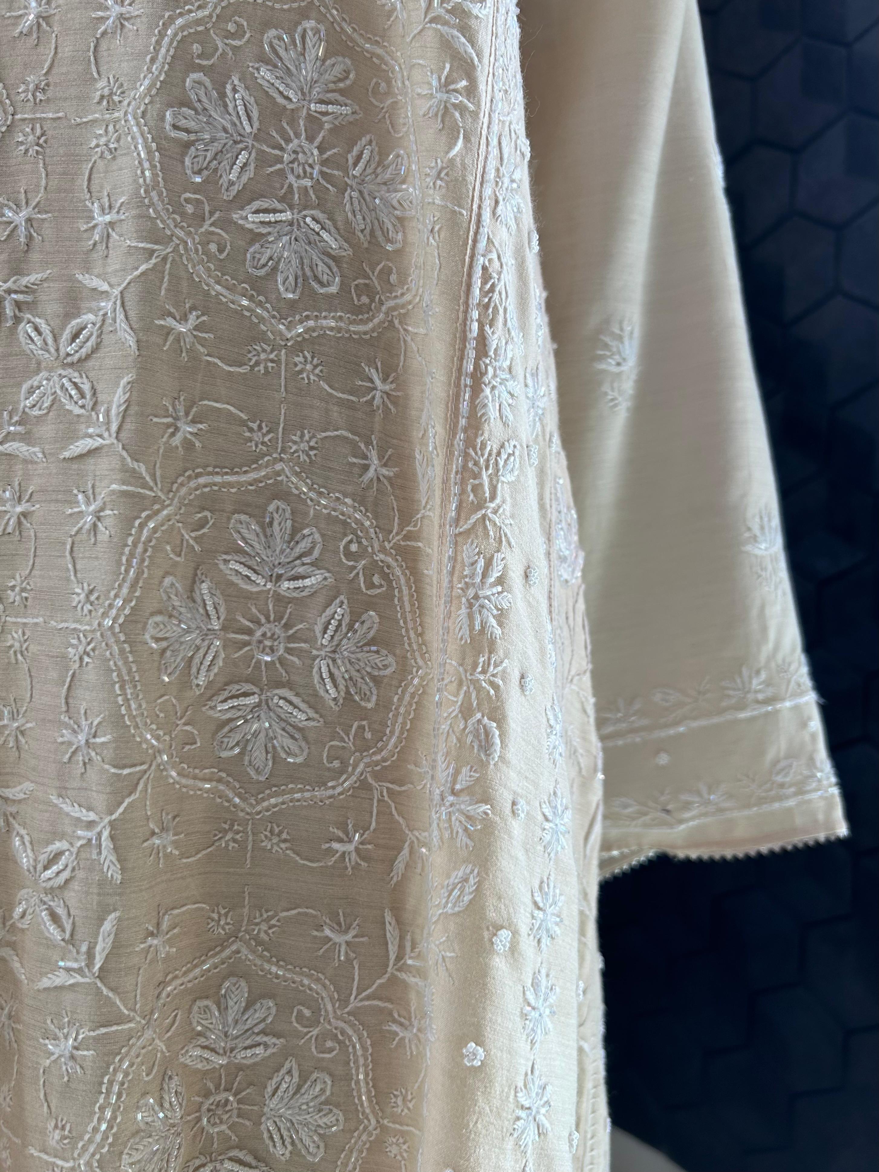 Beige Munga Silk Chikankari Anarkali Set