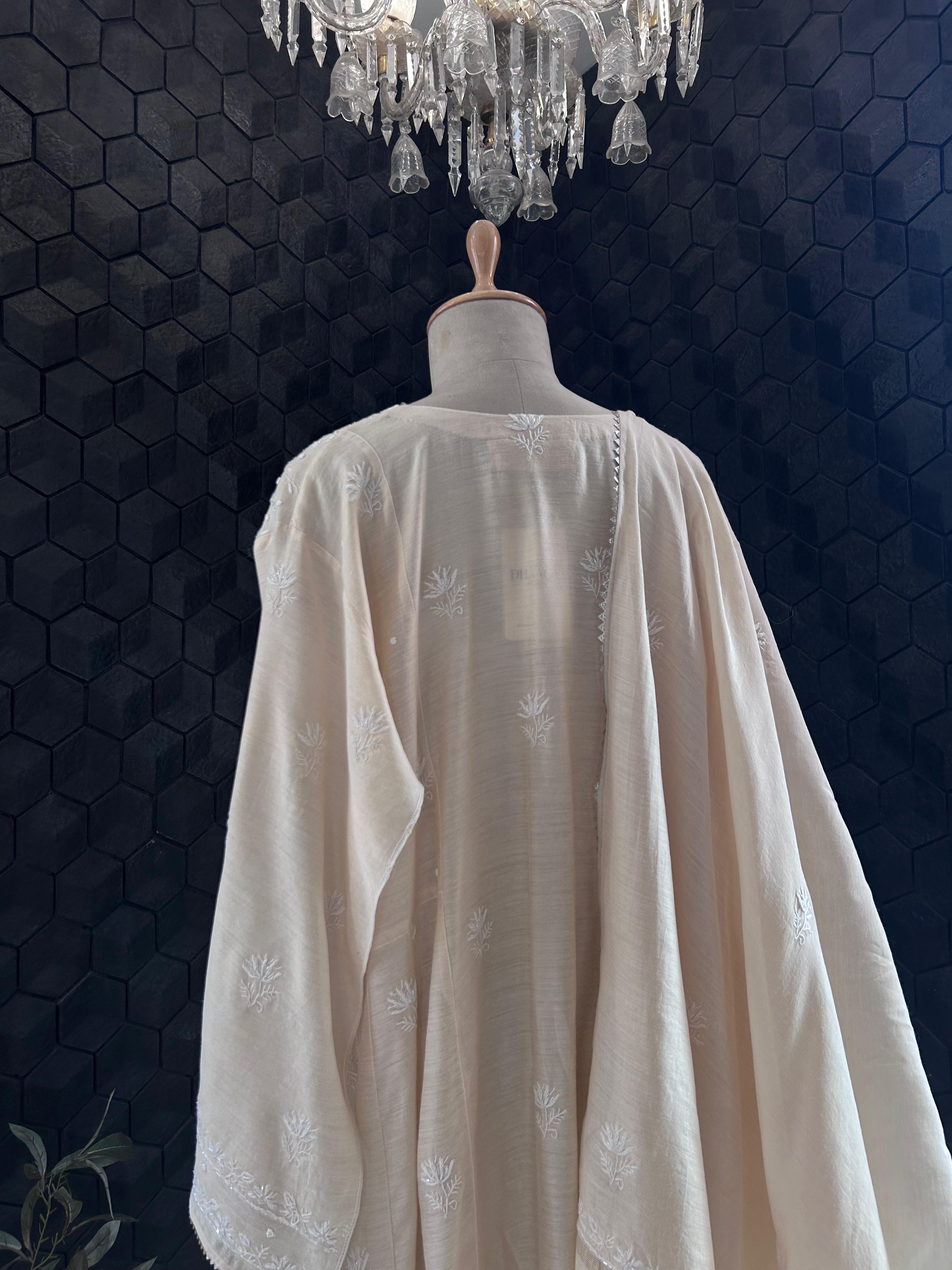 Beige Munga Silk Chikankari Anarkali Set