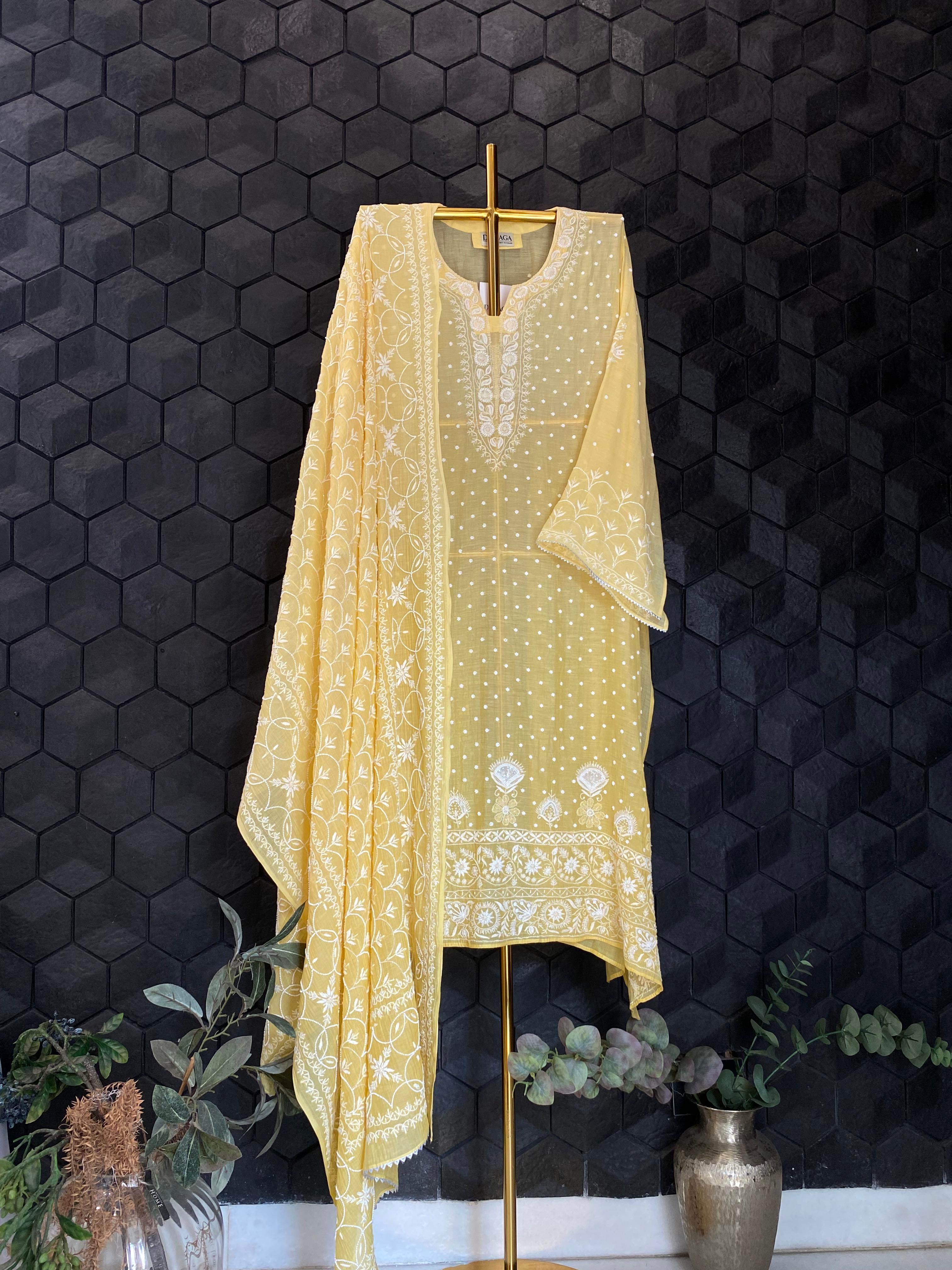 Yellow Mul Chanderi Chikankari Kurta Set