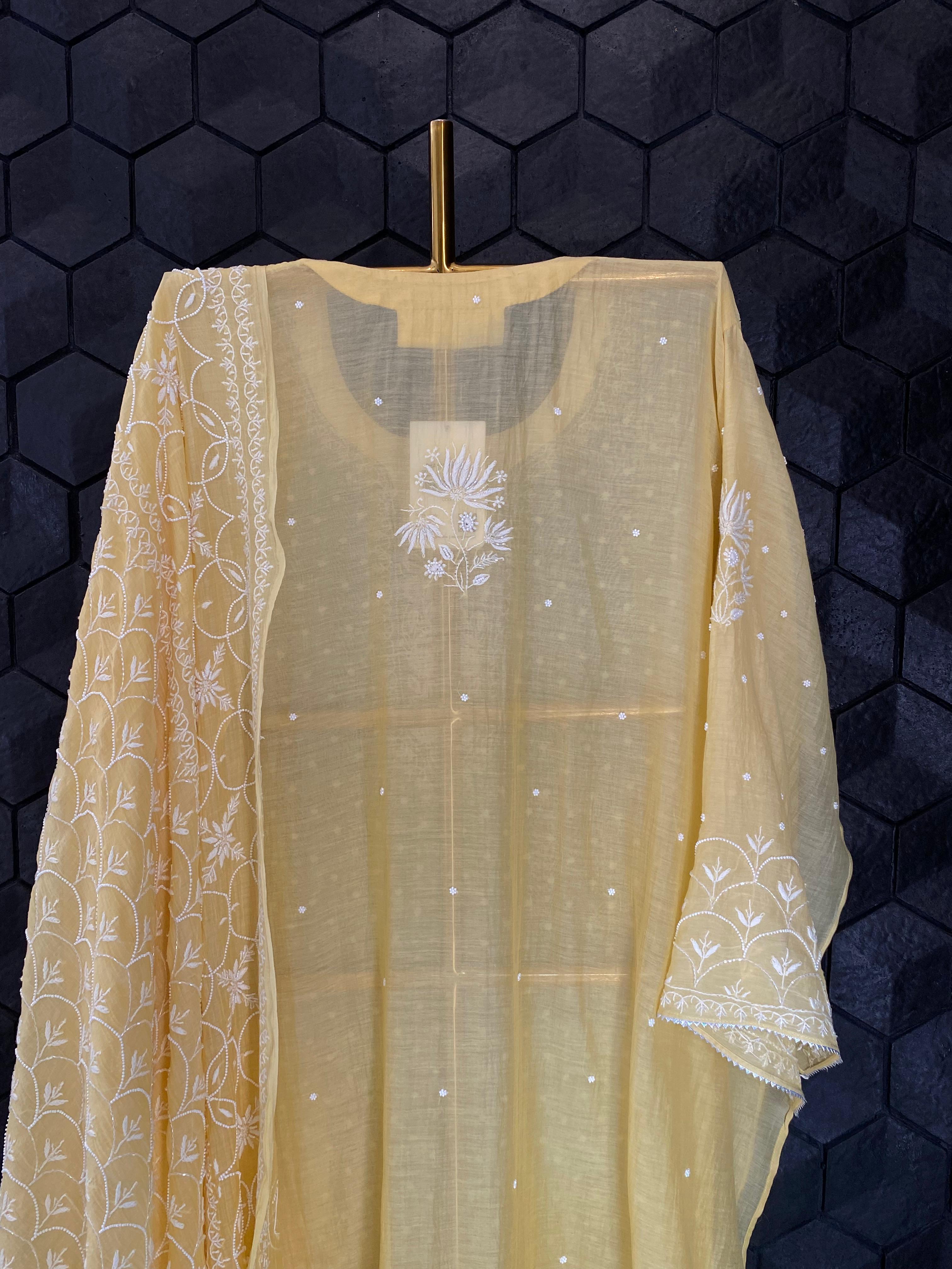 Yellow Mul Chanderi Chikankari Kurta Set