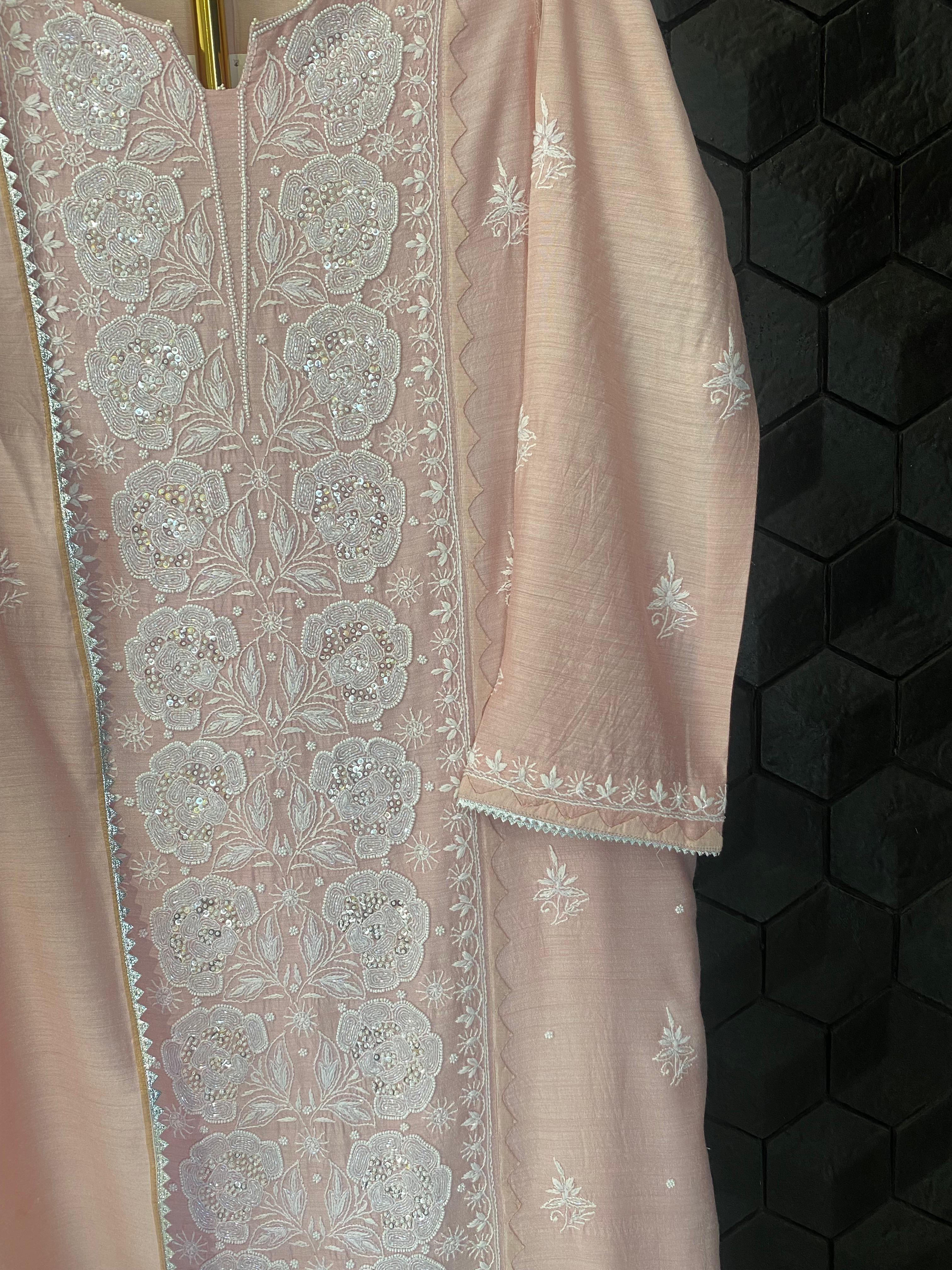 Pink Munga Silk chikankari kurta set