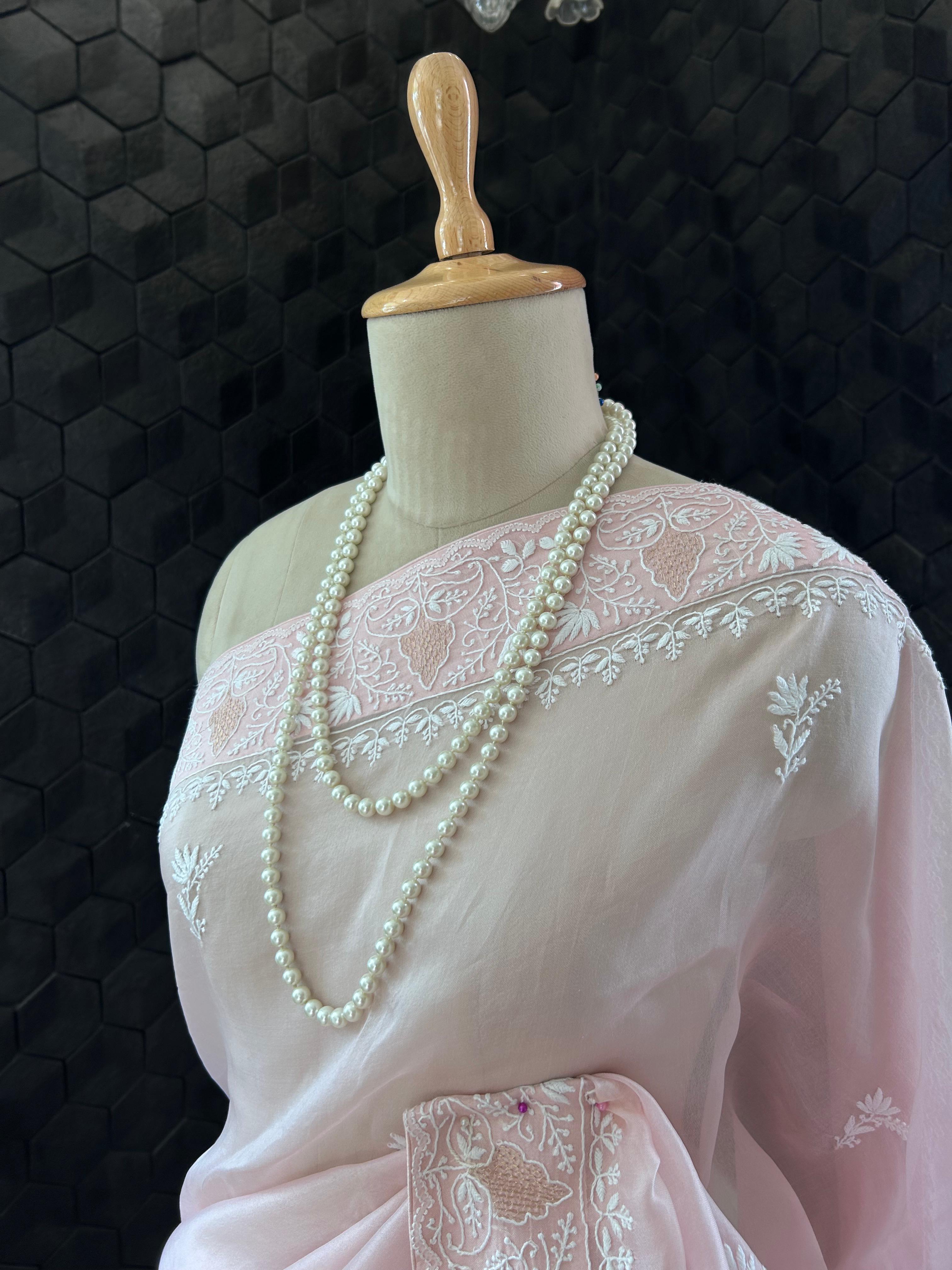 Pink organza chikankari saree