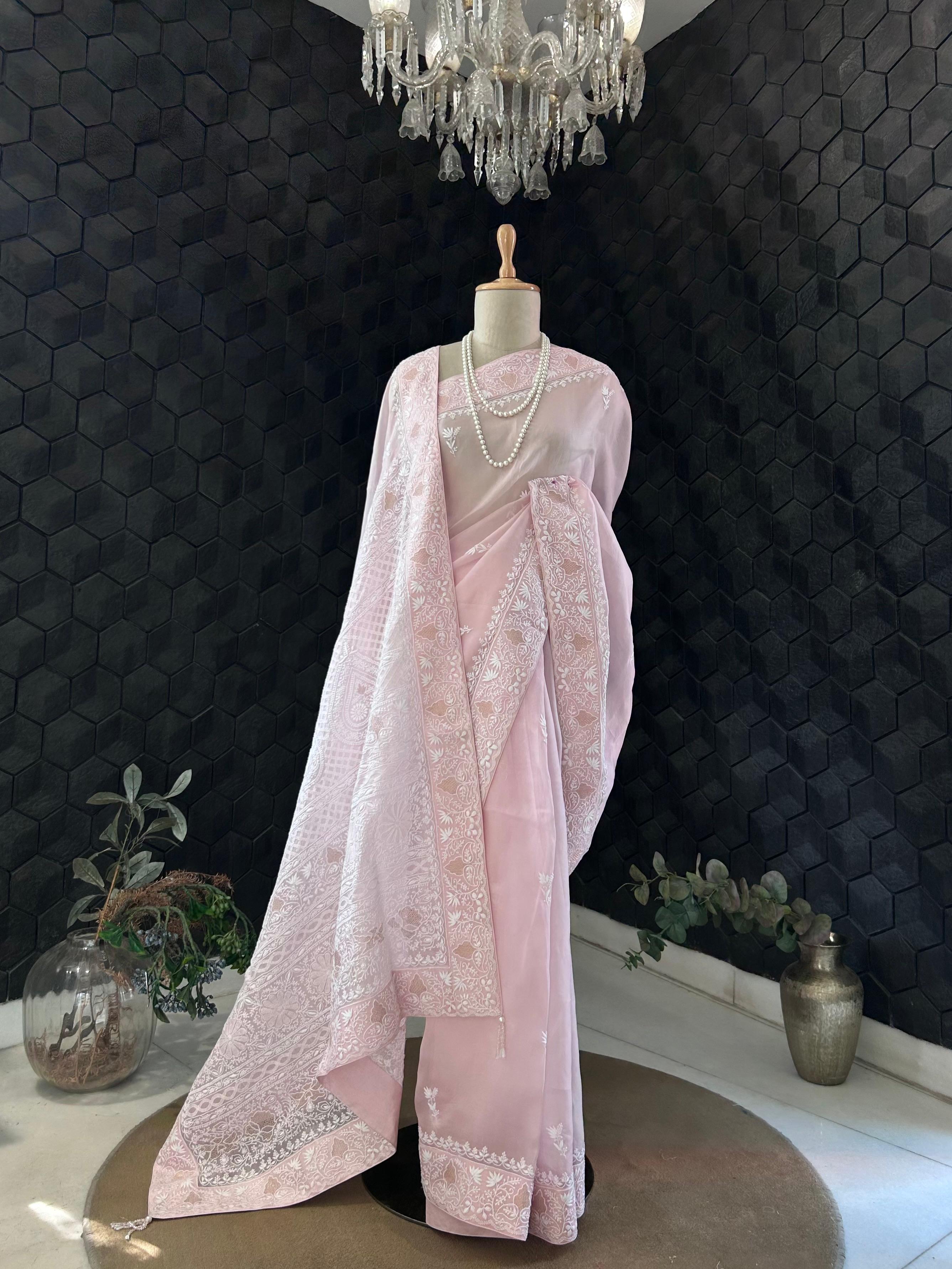 Pink organza chikankari saree
