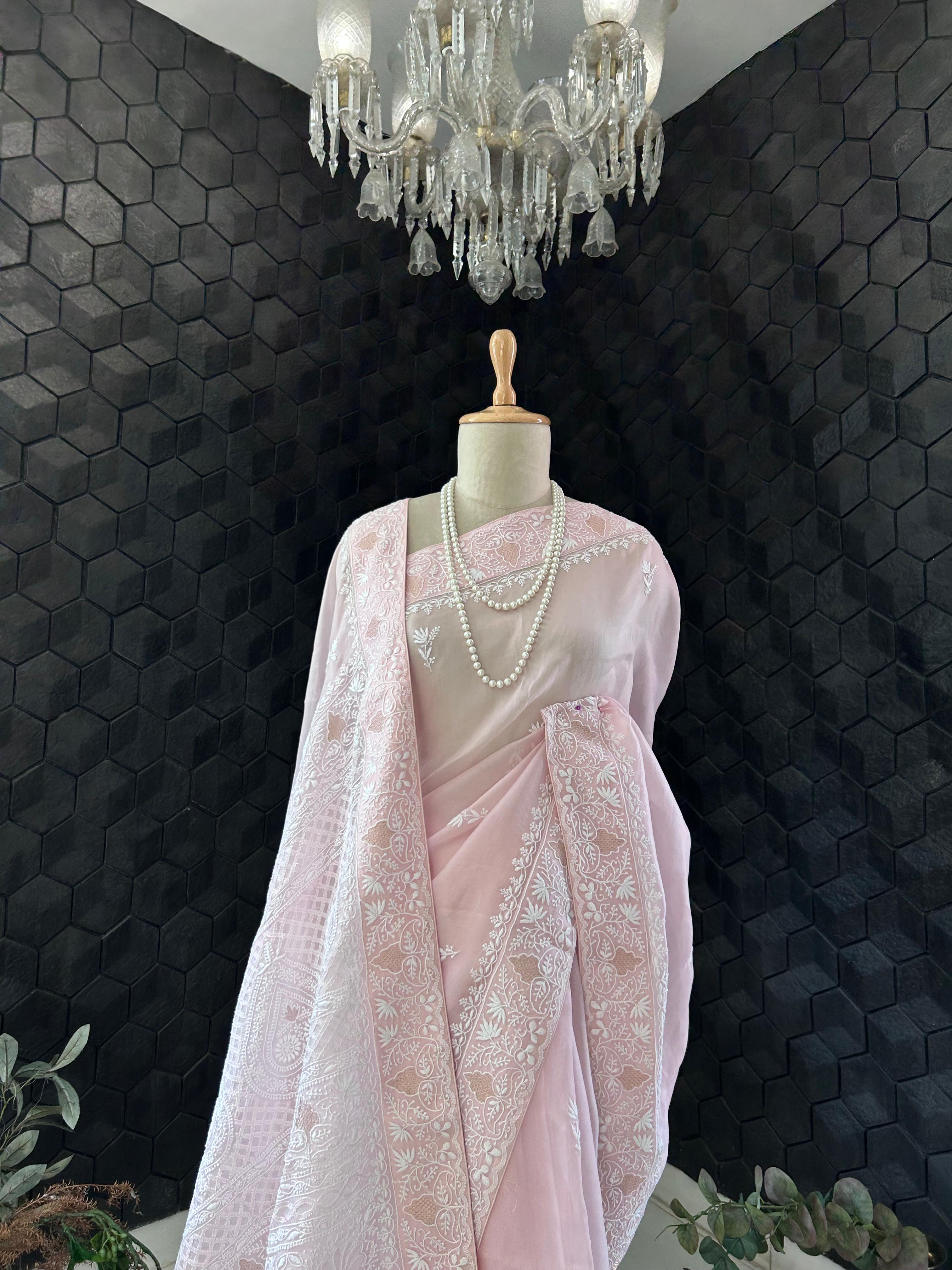 Pink organza chikankari saree
