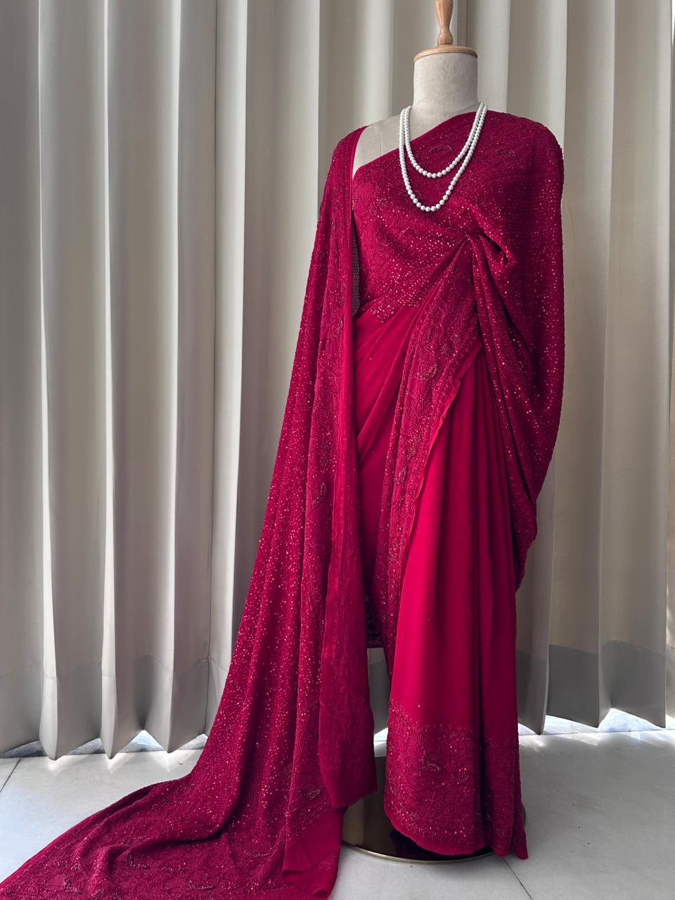 Red georgette chikankari saree