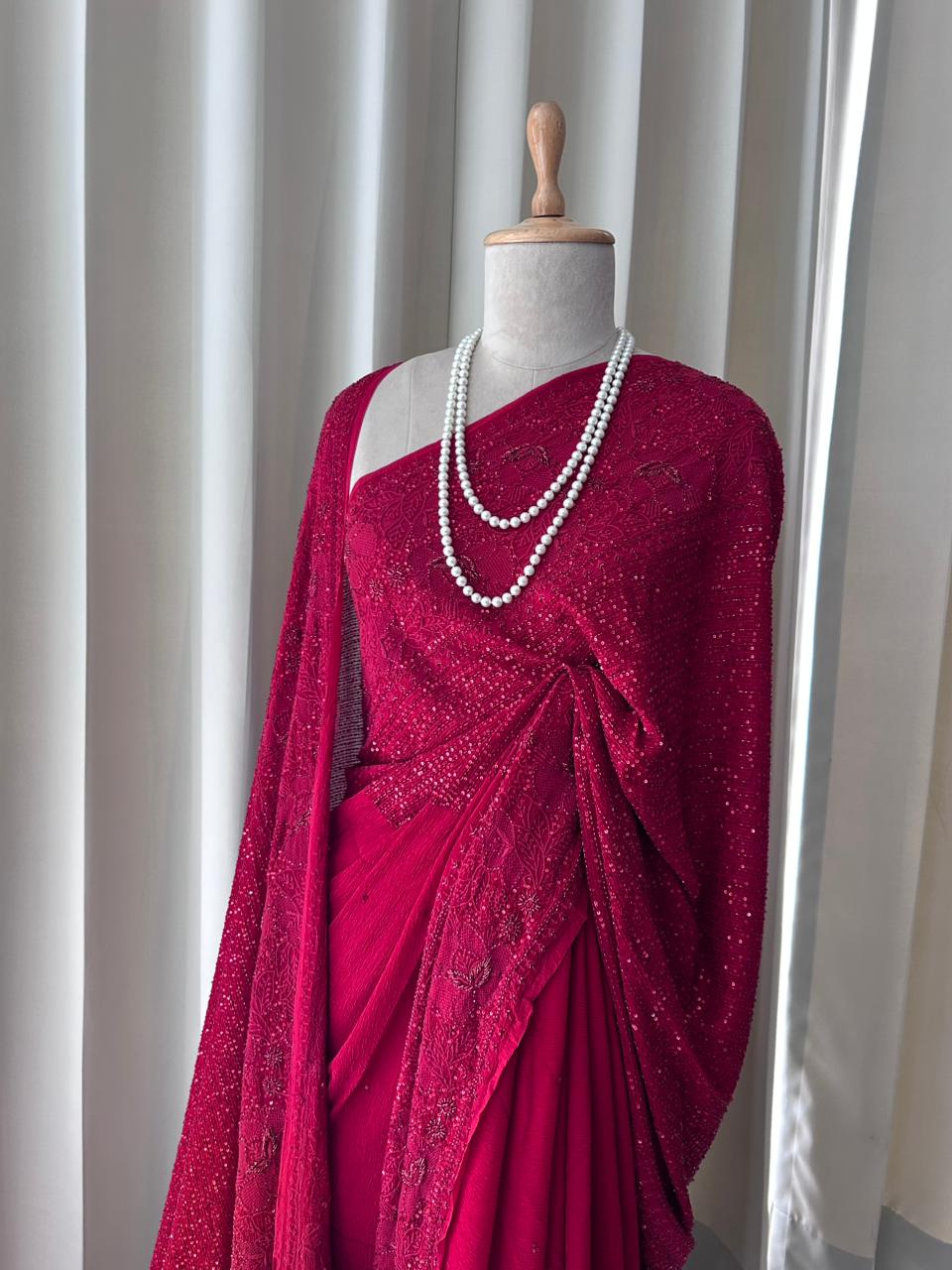 Red georgette chikankari saree