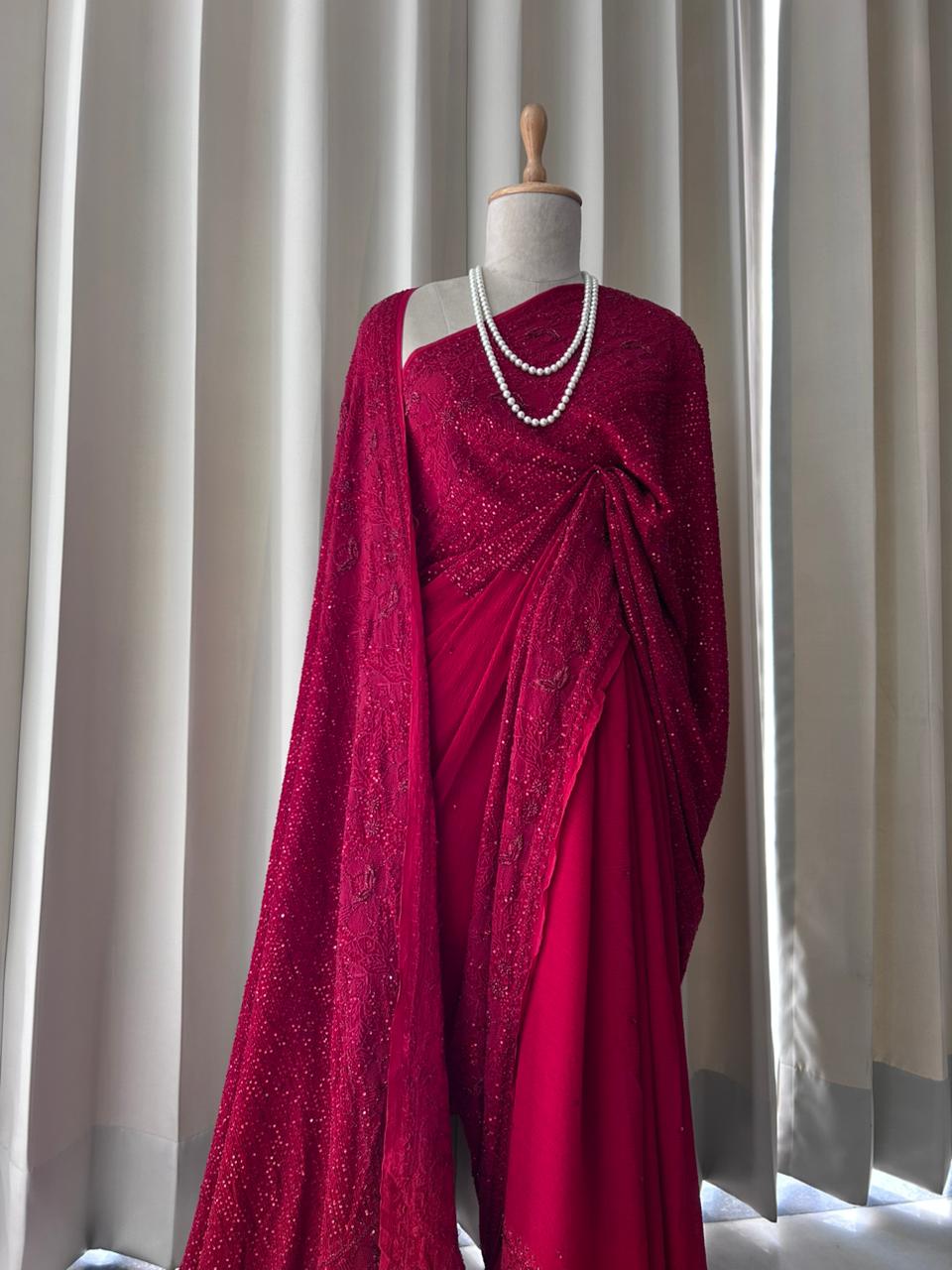 Red georgette chikankari saree